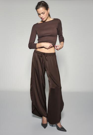 Satin trousers with split — Brown 2
