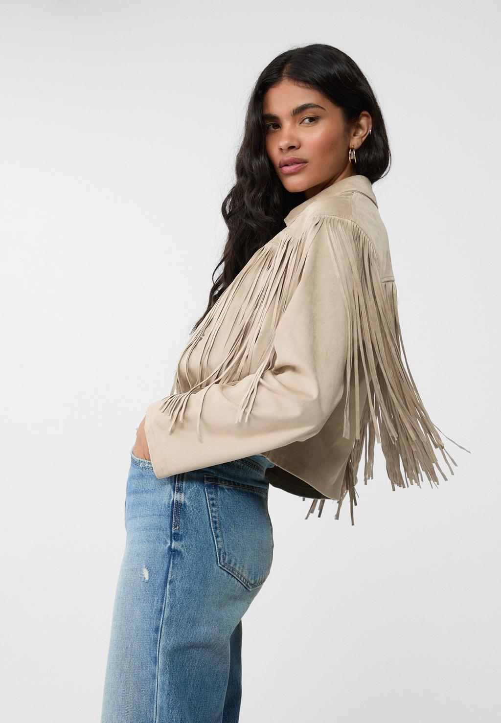 Cropped faux suede overshirt with fringing