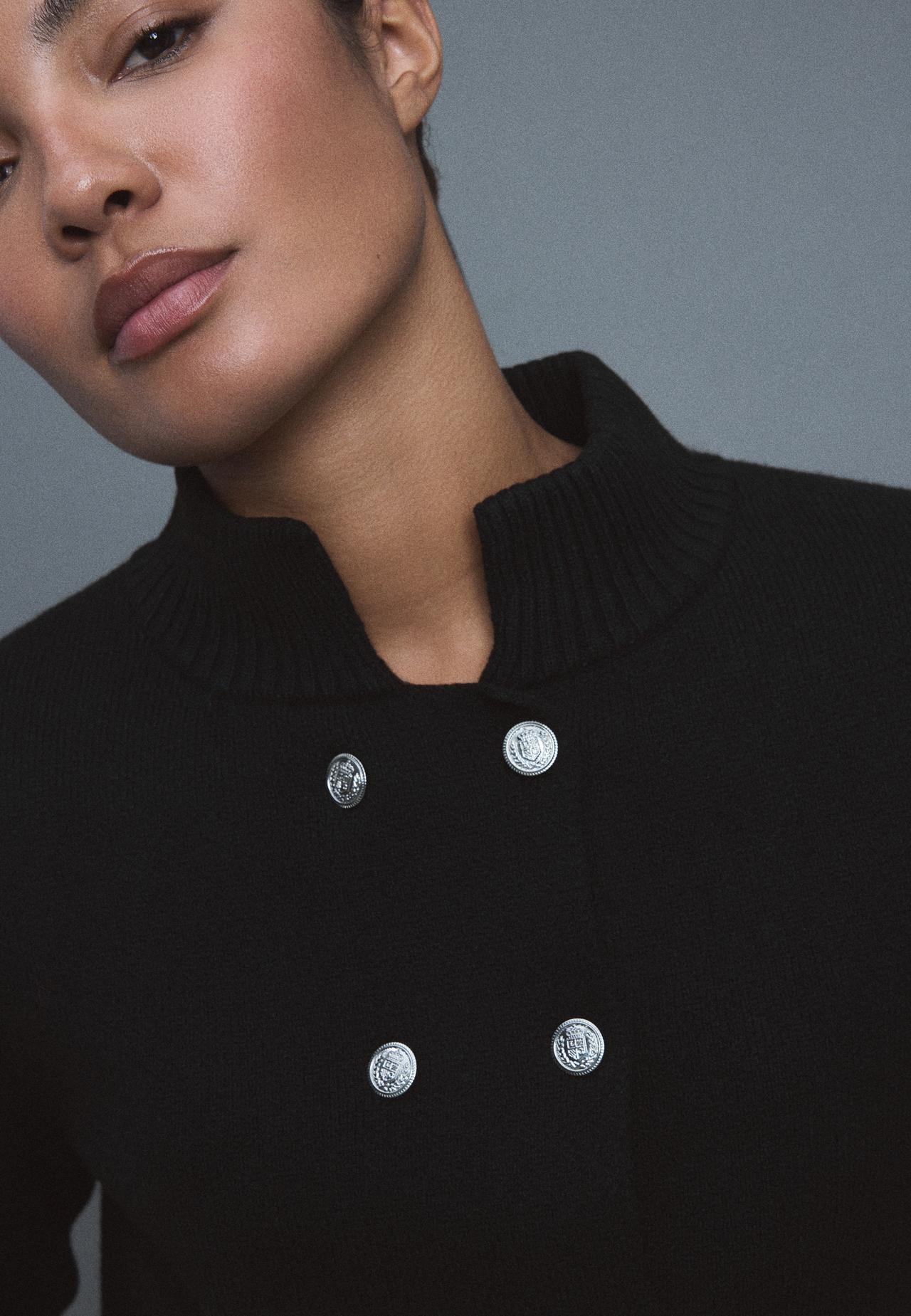 Double-breasted stand collar knit cardigan — Black