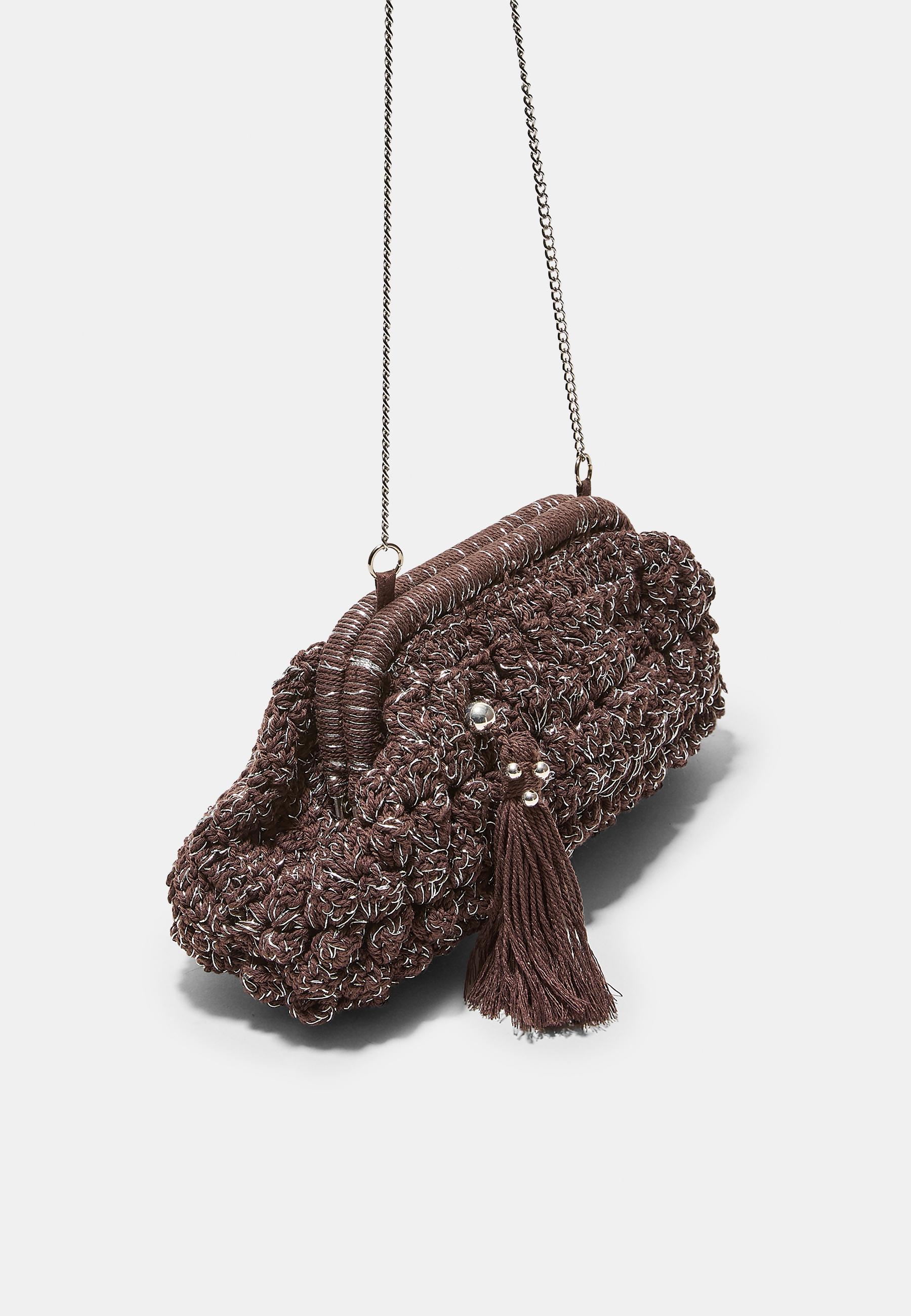 Metallic thread crochet bucket bag — Brown