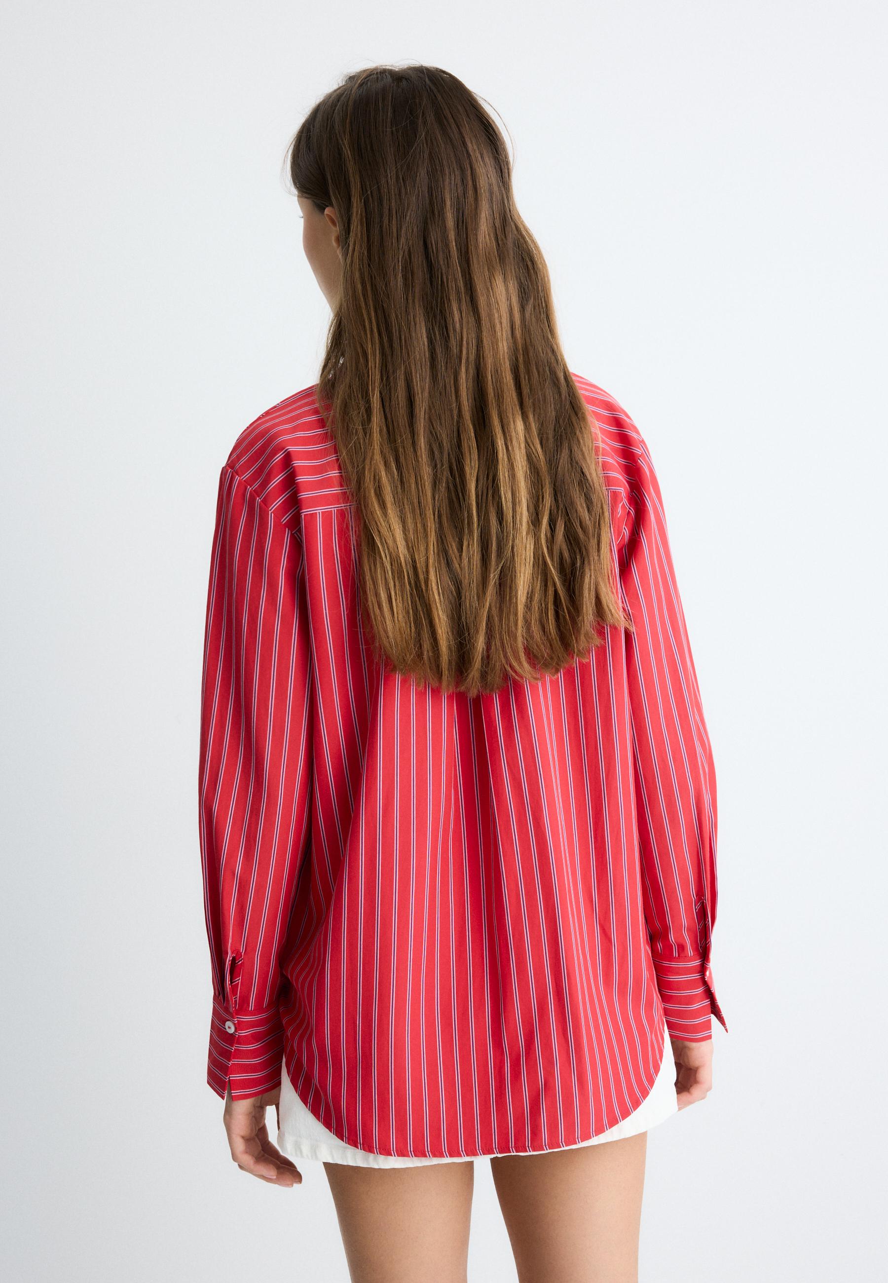 Basic striped poplin shirt with pocket — Red