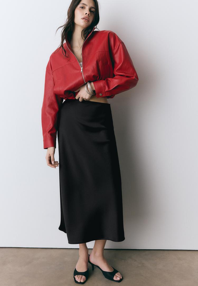 Stradivarius Fustă Midi Satinată Negru Xs