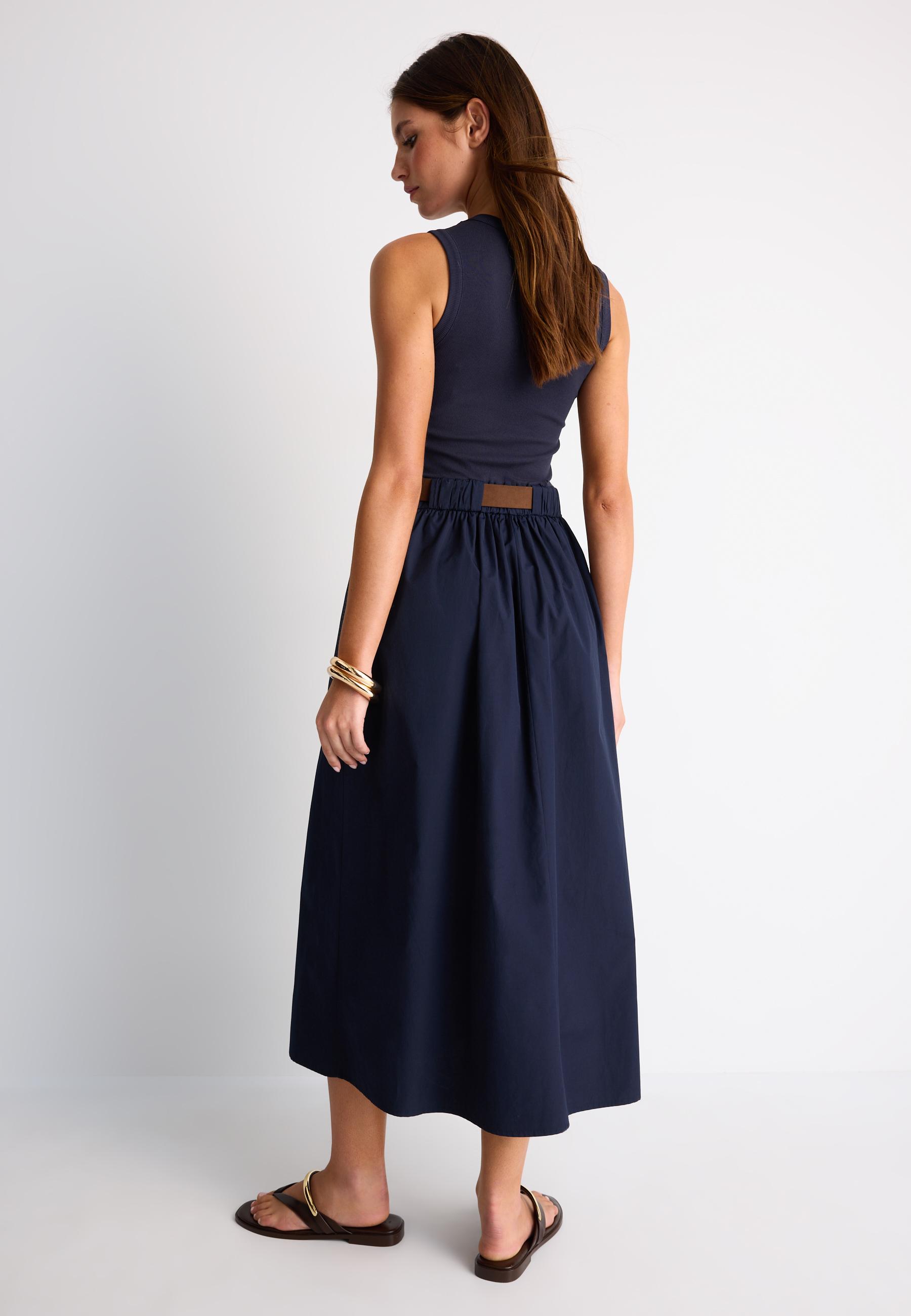 Two-material sleeveless midi dress with belt — Dark blue