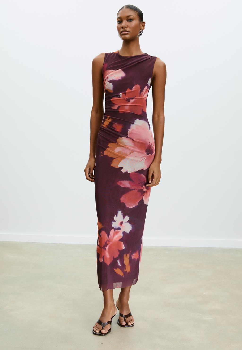 Printed tulle midi dress