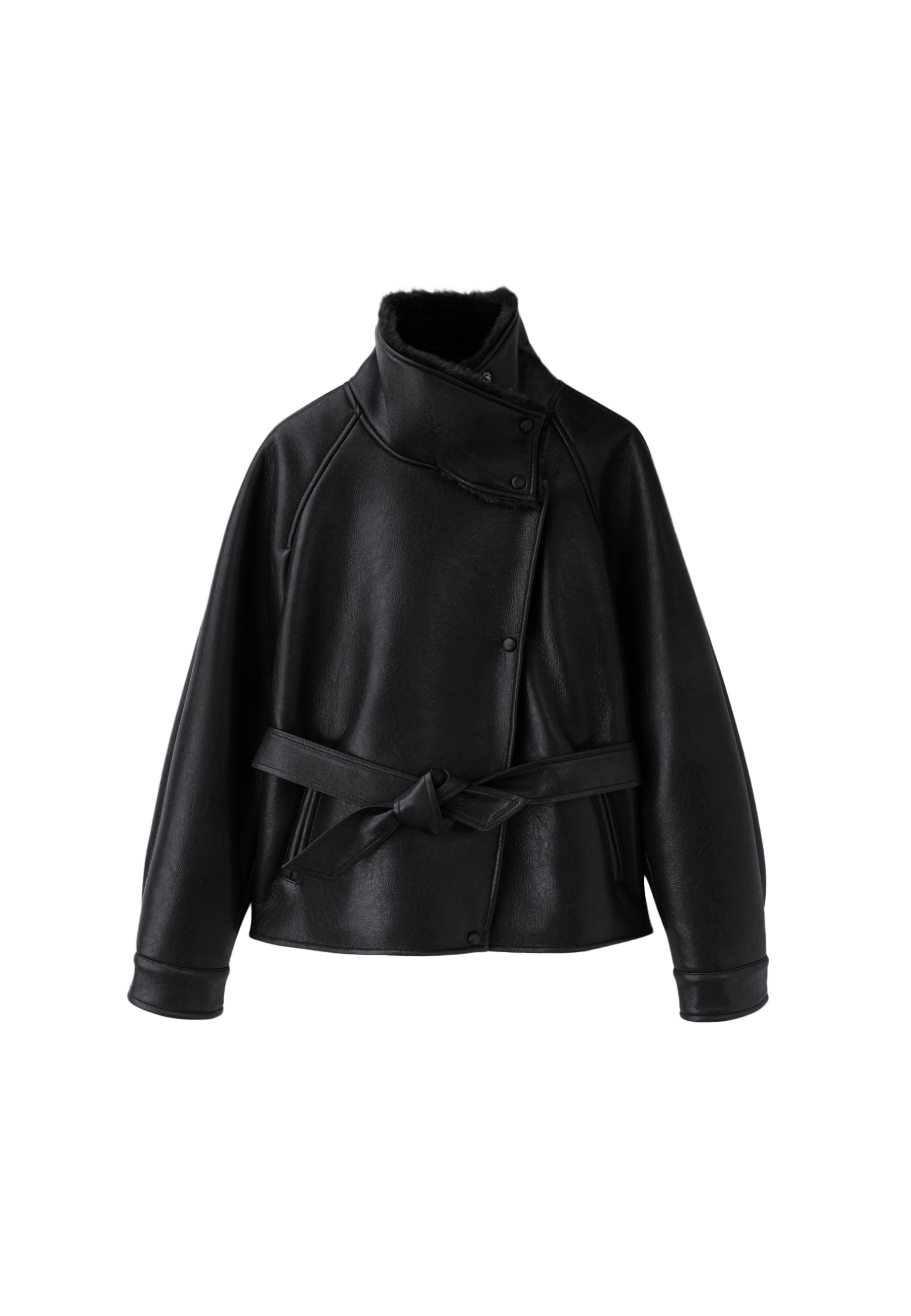 Leather effect double-faced high neck jacket — Black