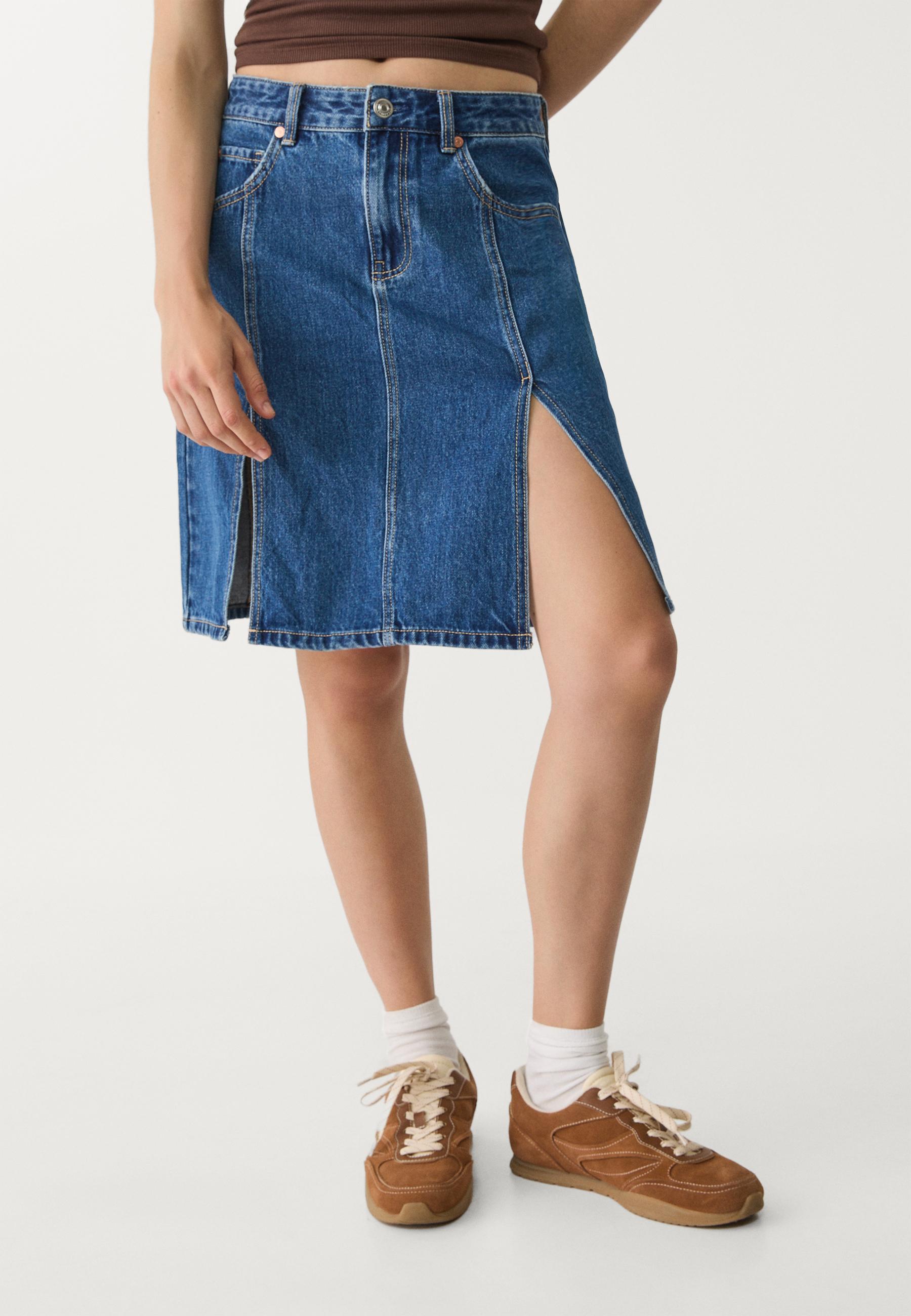 Double split denim midi skirt - Women's fashion