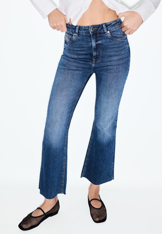 Stradivarius D78 Cropped Flared Jeans Medium Blue Denim 8
