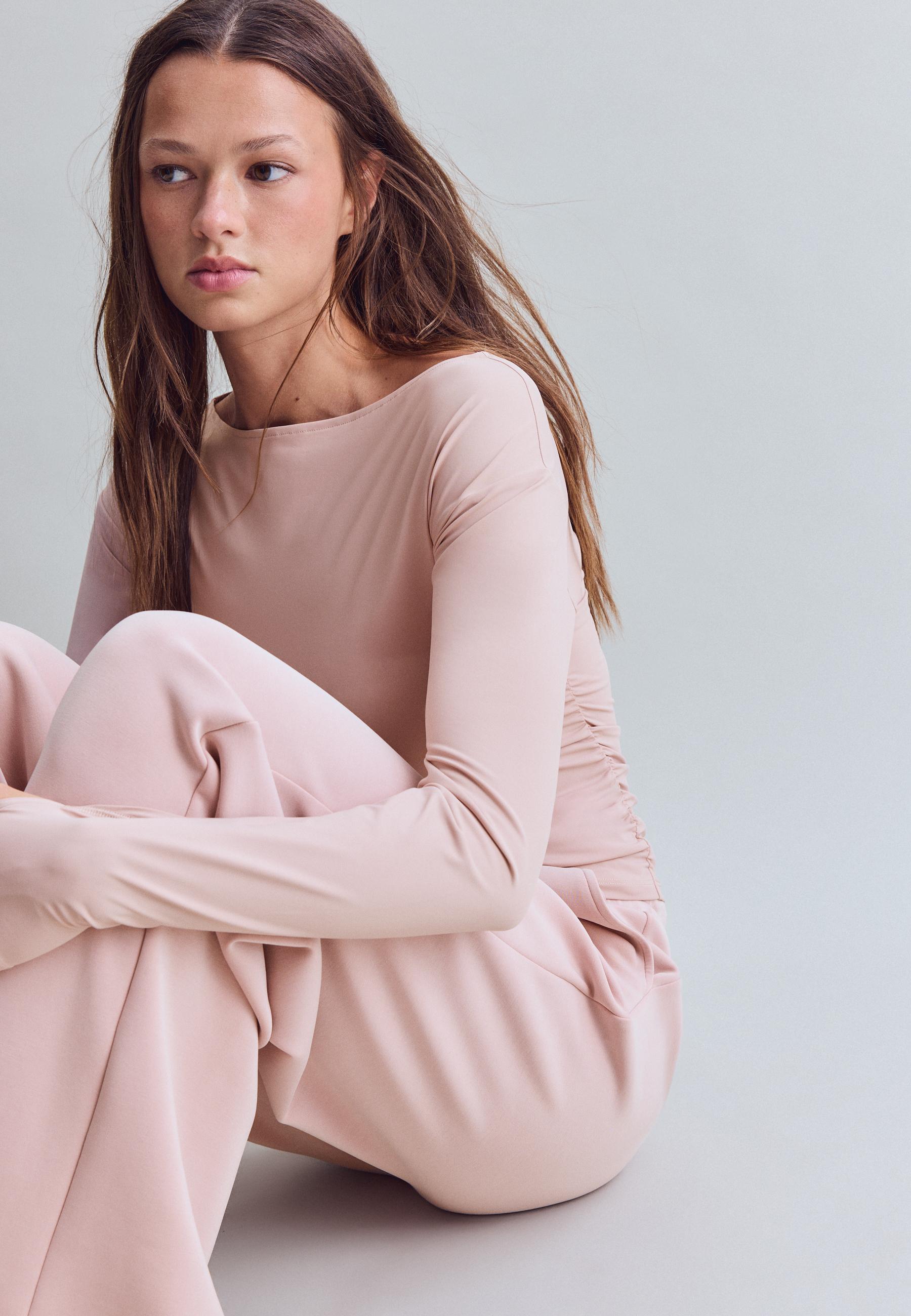 Long sleeve gathered polyamide T-shirt — Pastel pink