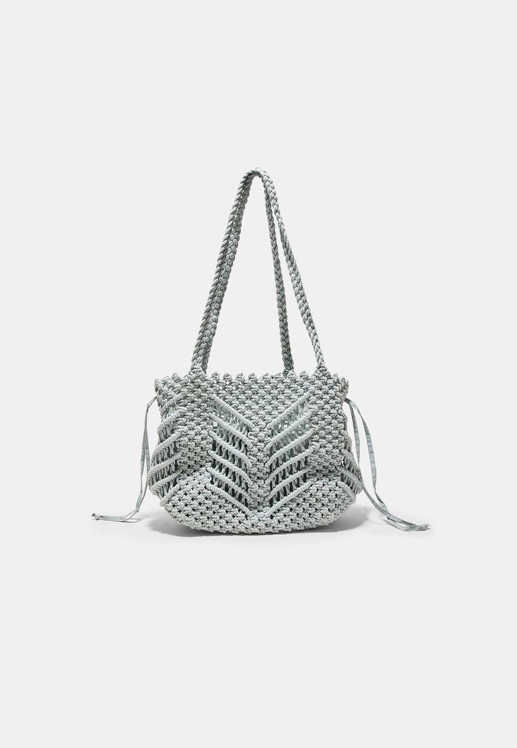Stradivarius Τσάντα Shopper Κροσέ Μεταλλιζέ Νήμα Γκρι Os