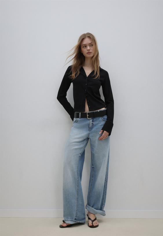 Stradivarius Knit Shirt With Buttons Black S