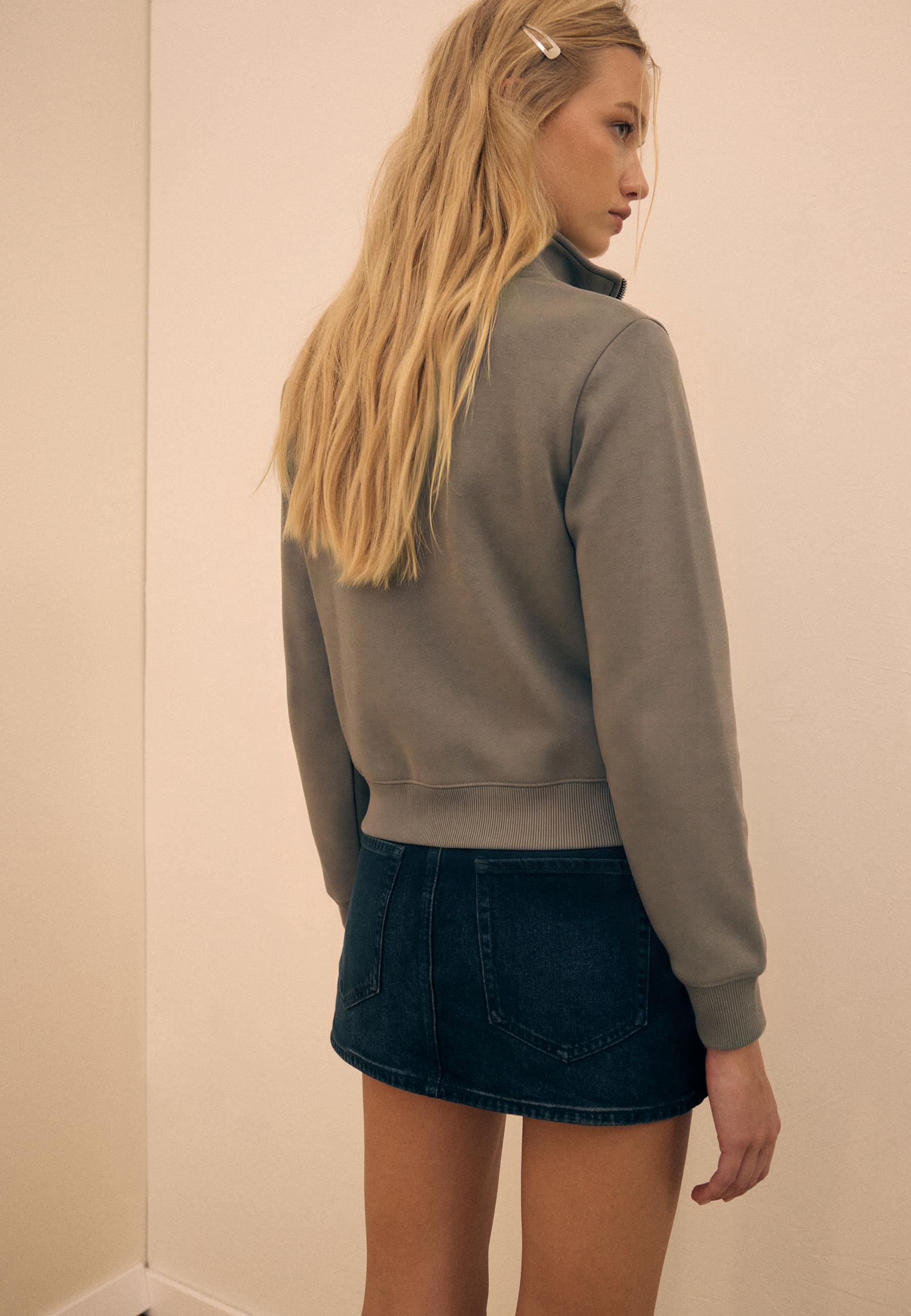 Metal Button Zip-Up Sweatshirt — Khaki