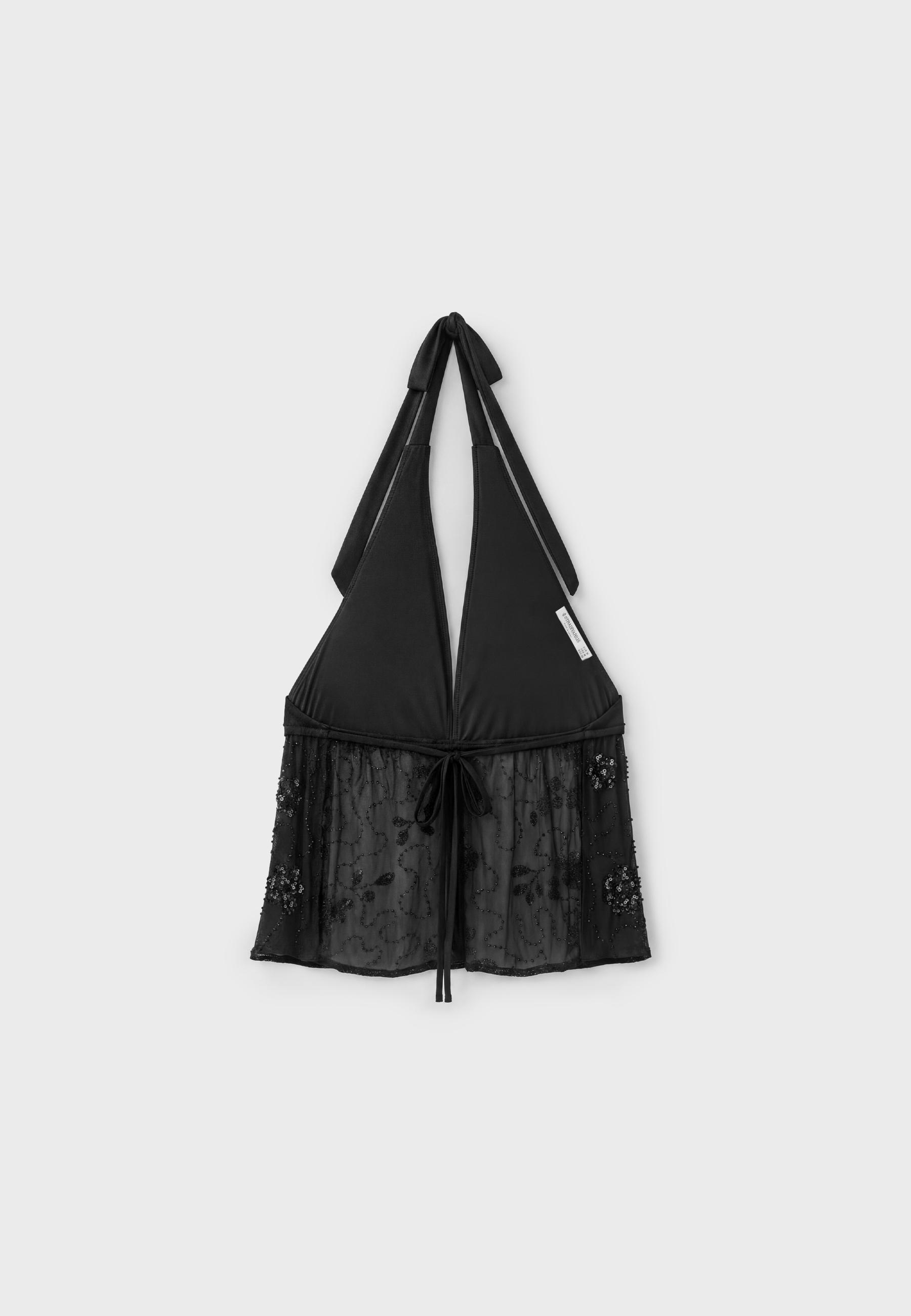 Embroidered halter top with rhinestones — Black