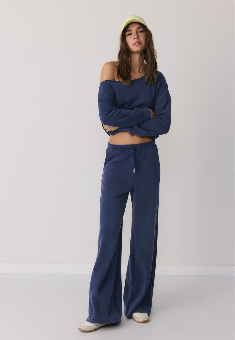 Stradivarius Παντελόνι Jogger Palazzo Απαλής Υφής Σκούρο Μπλε M