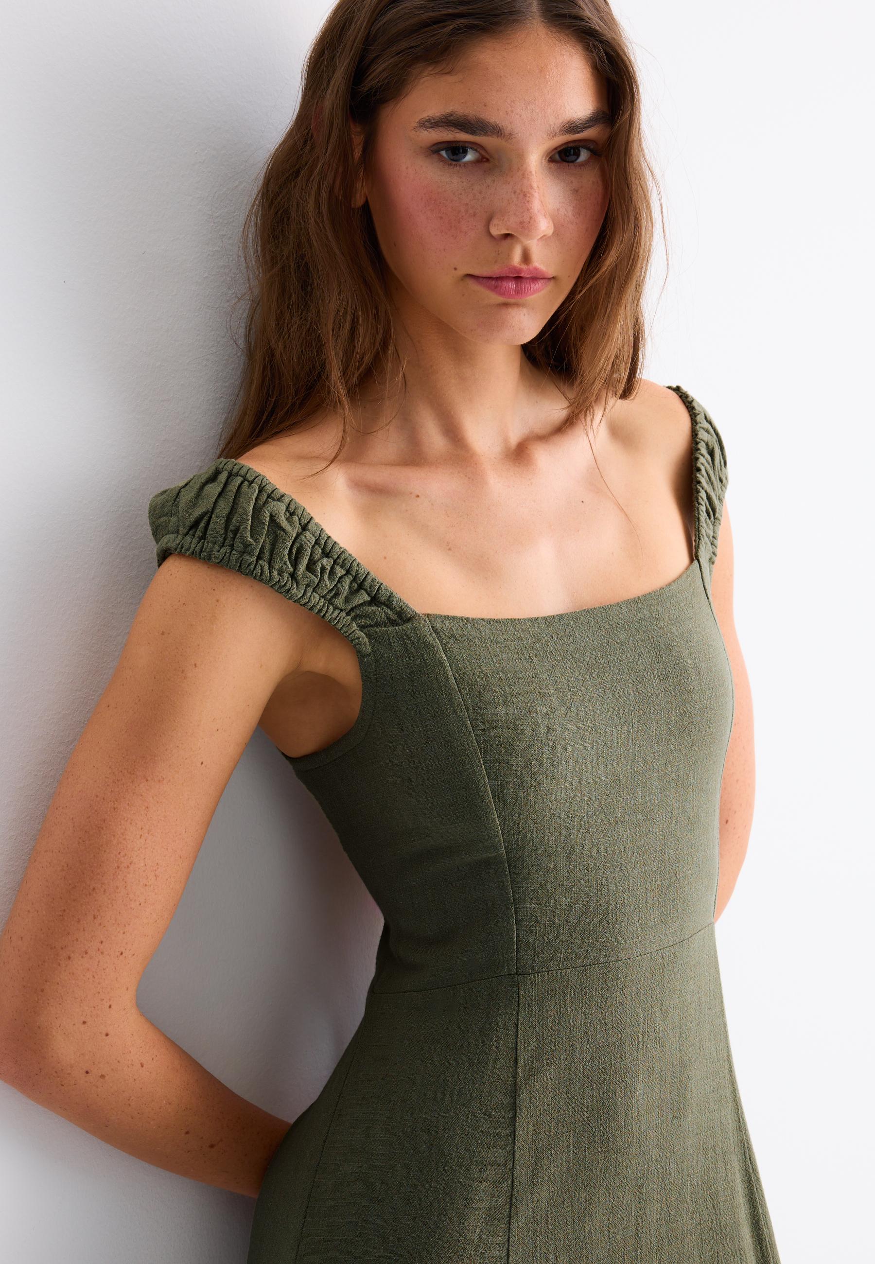 Linen-look cross-back midi dress — Khaki