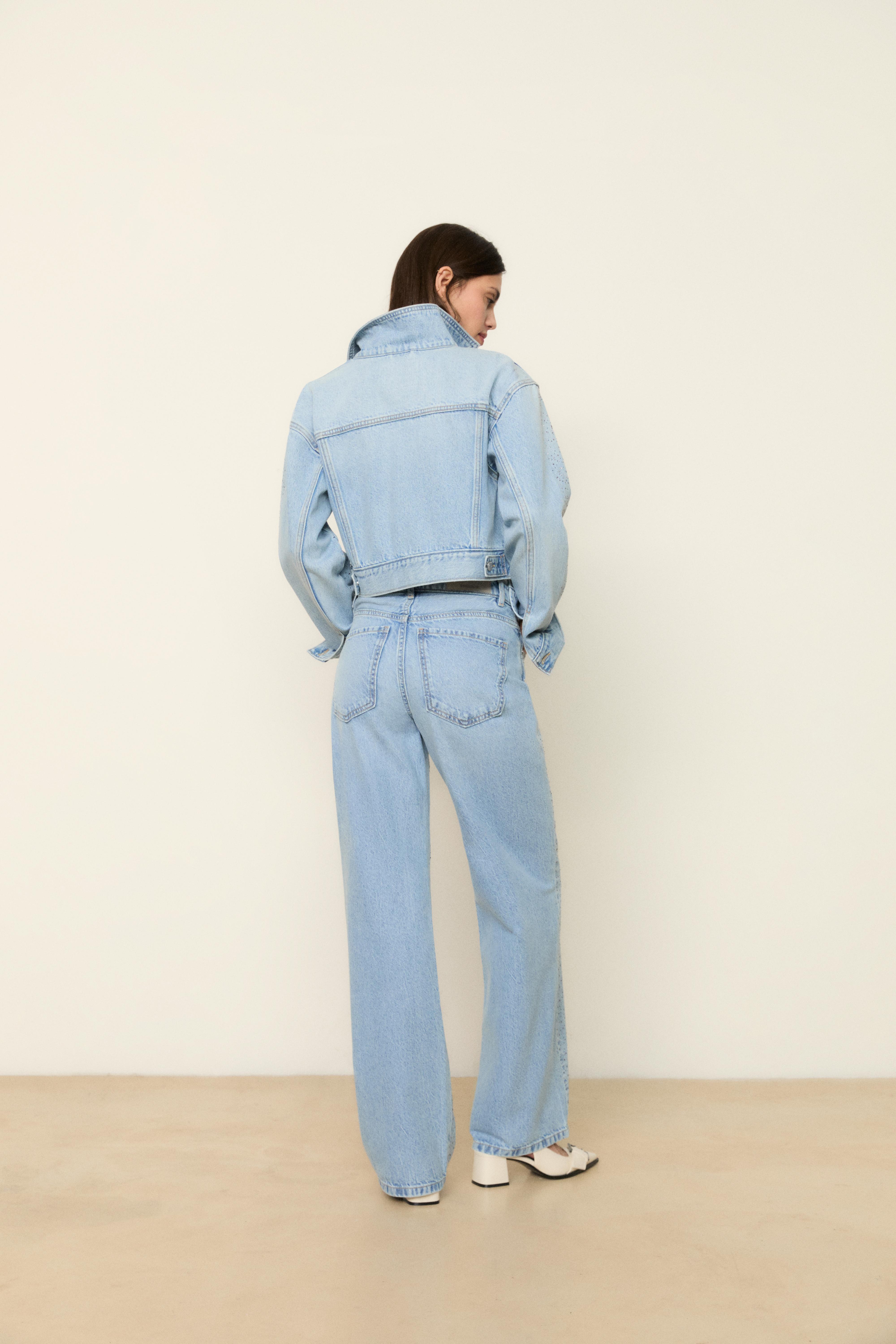 Straight-leg jeans with rhinestones — MEDIUM BLUE DENIM