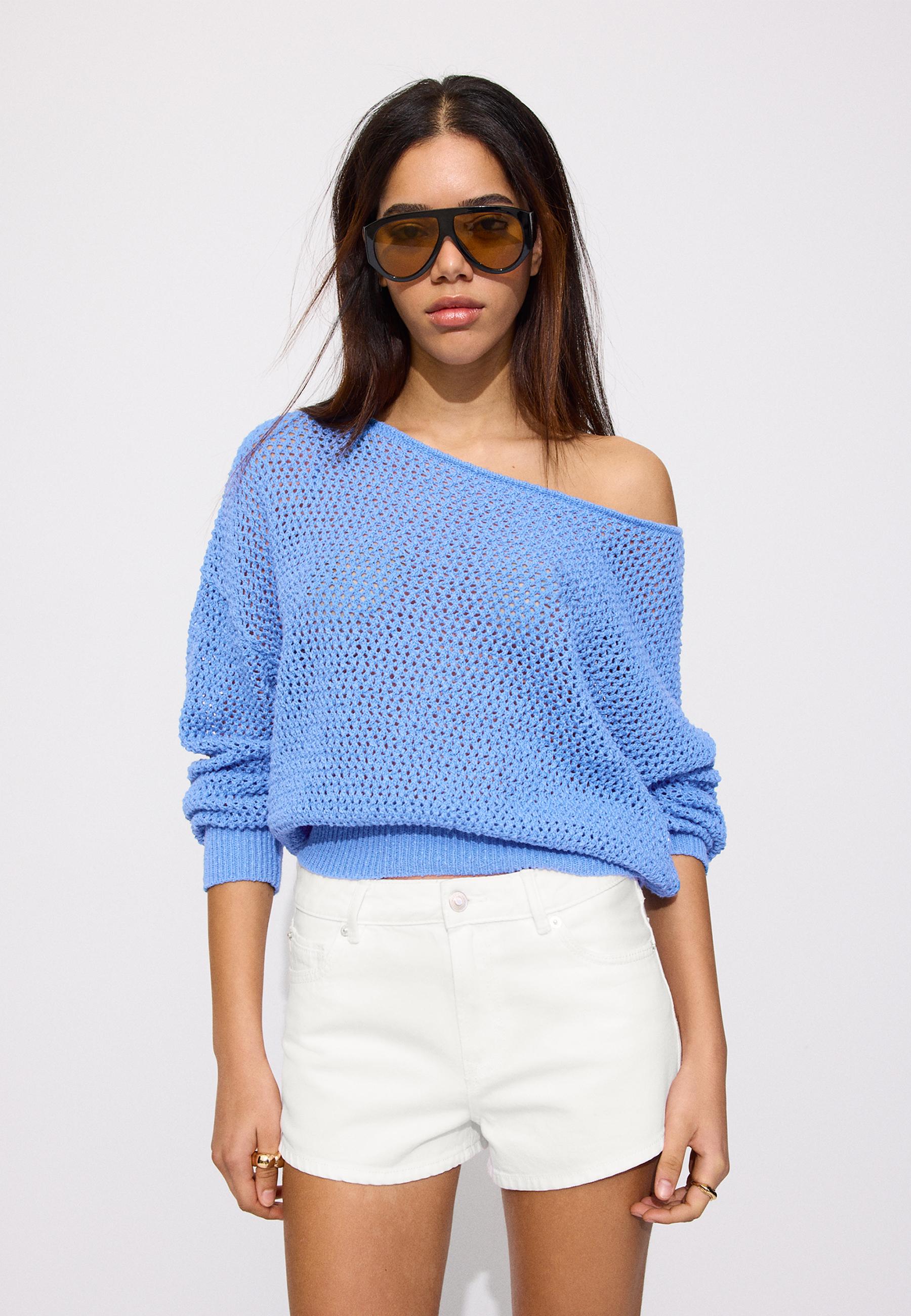 Mesh knit boat neck jumper — Royal blue