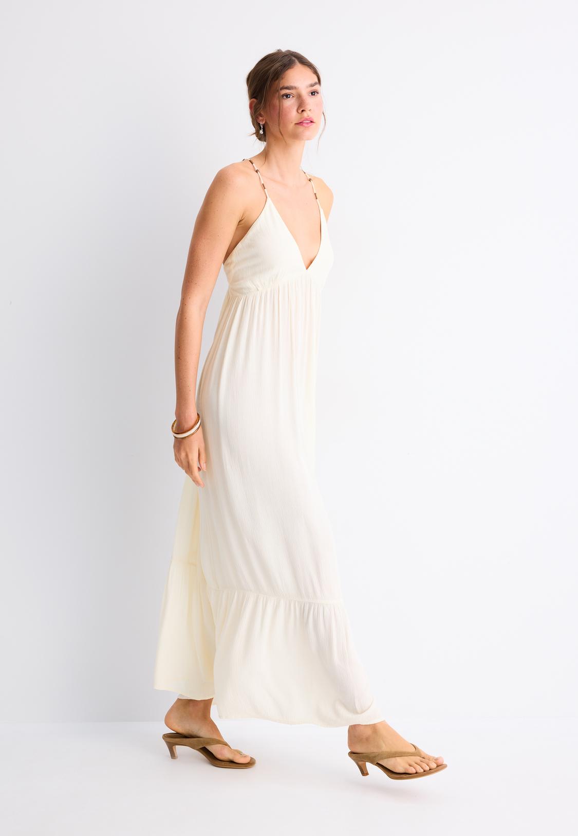 Long crepe dress with beading straps - Women's White dresses | Stradivarius Indonesia Long crepe dress with beading straps - Women's White dresses | Stradivarius Indonesia