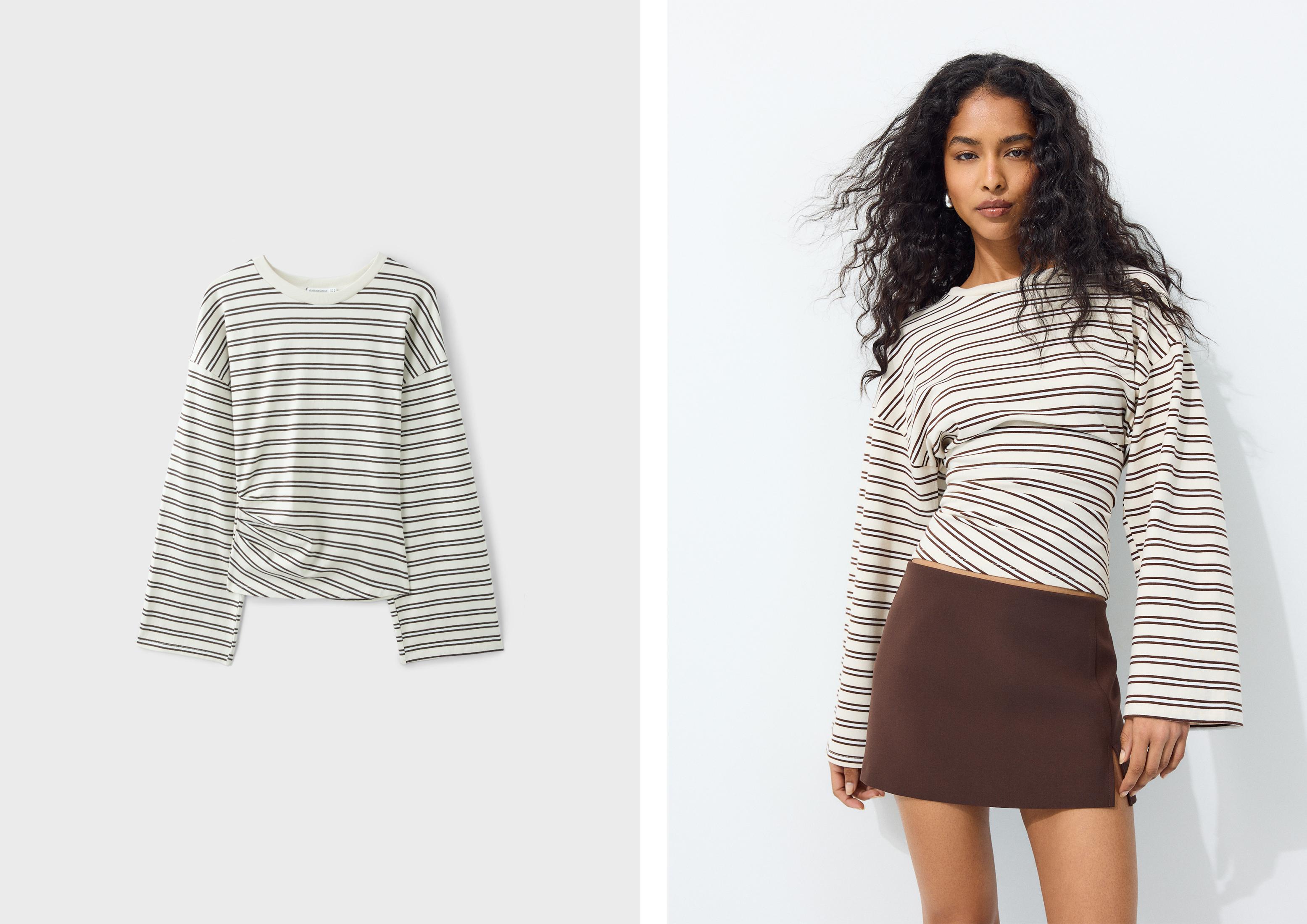 B11 Striped Japanese long sleeve T-shirt with a fitted waist — Vanilla