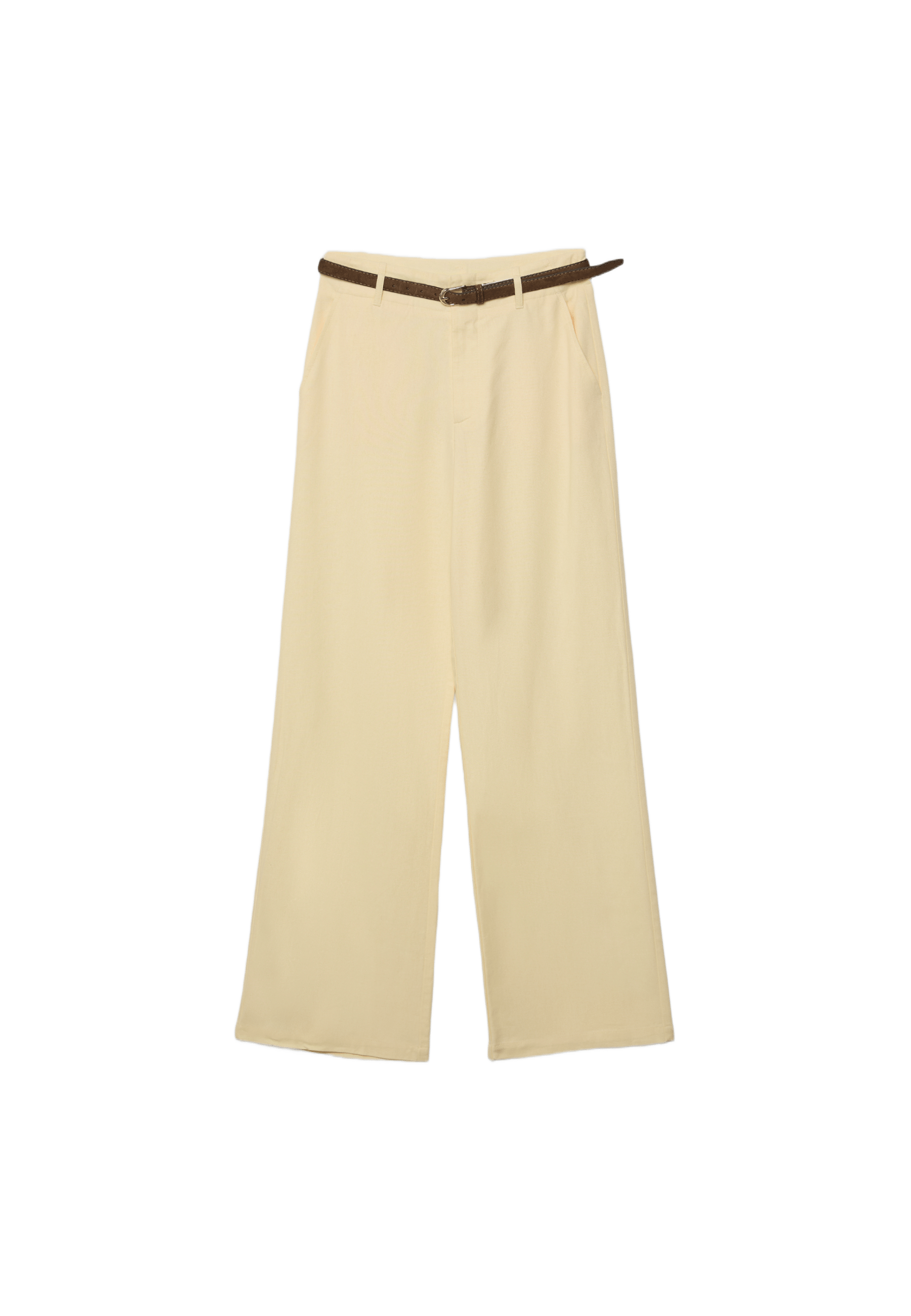 Kemerli, keten görünümlü düz paça pantolon