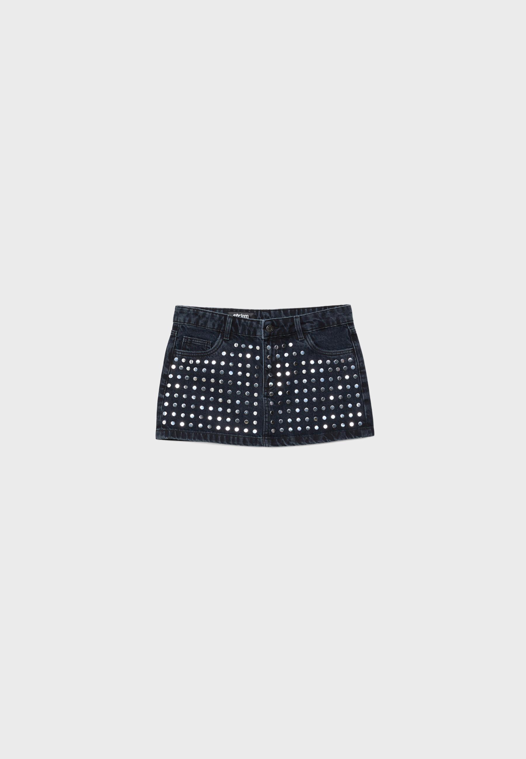 Studded denim skirt — BLACK DENIM WASHED EFFECT