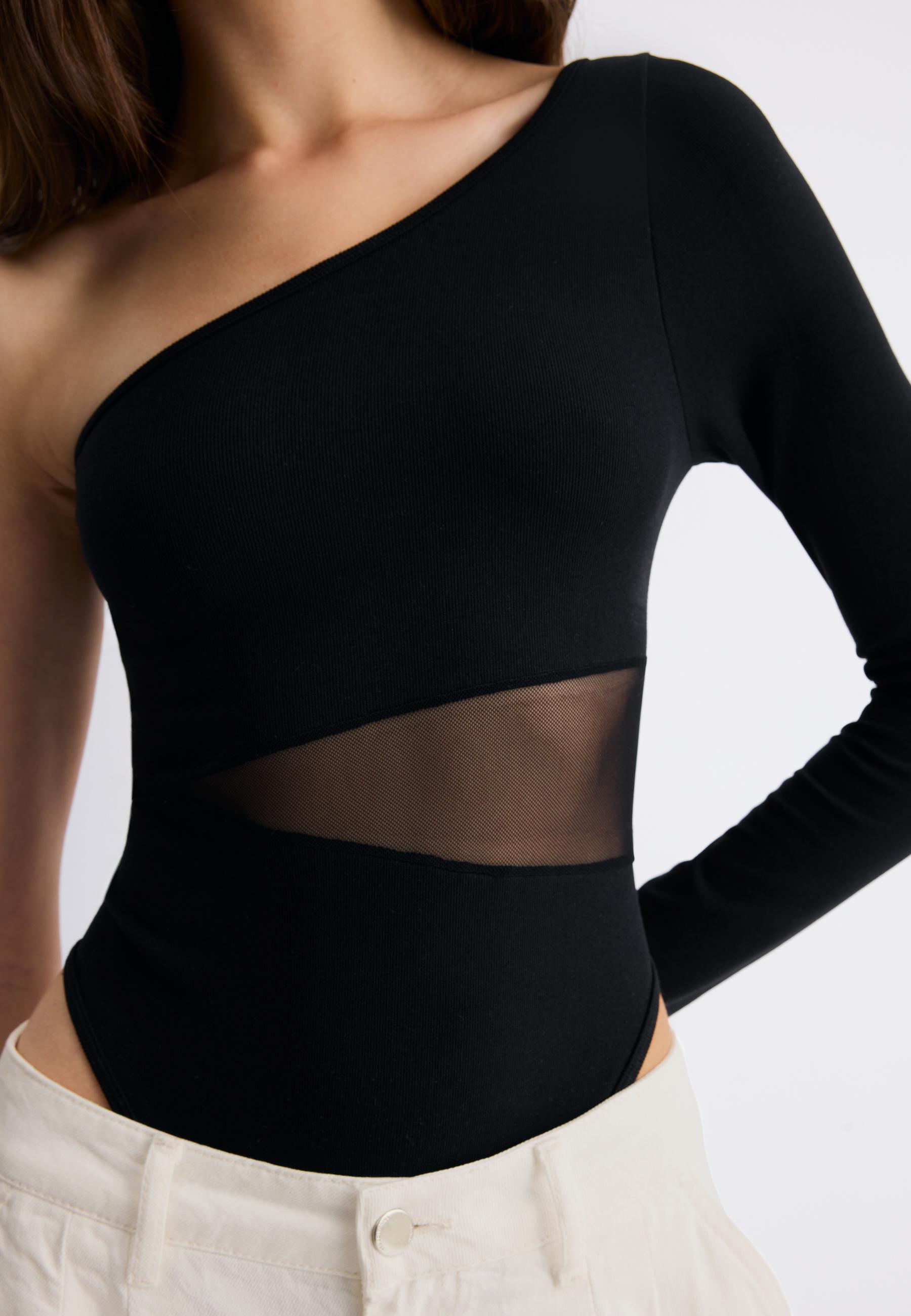 Asymmetric bodysuit with sheer details — Black