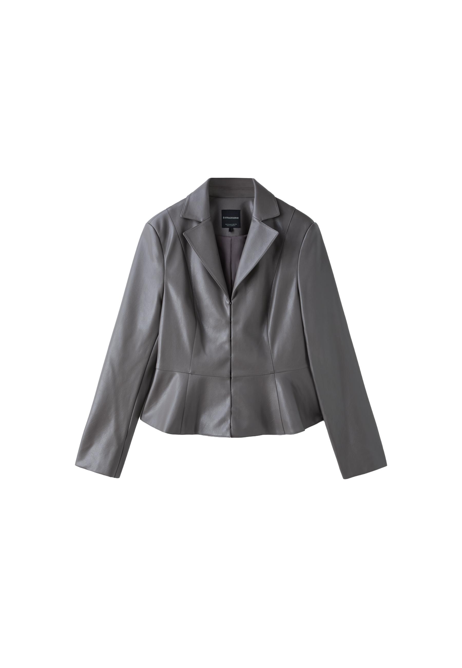 Fitted leather effect peplum blazer — Dark grey