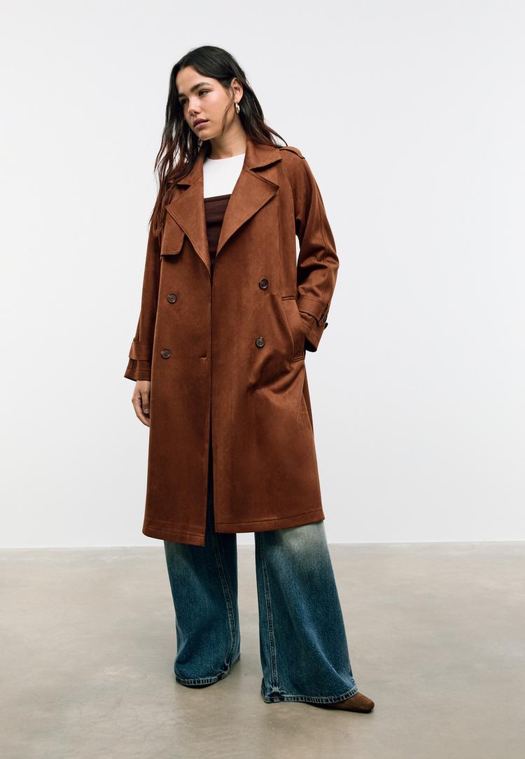 long faux suede trench coat
