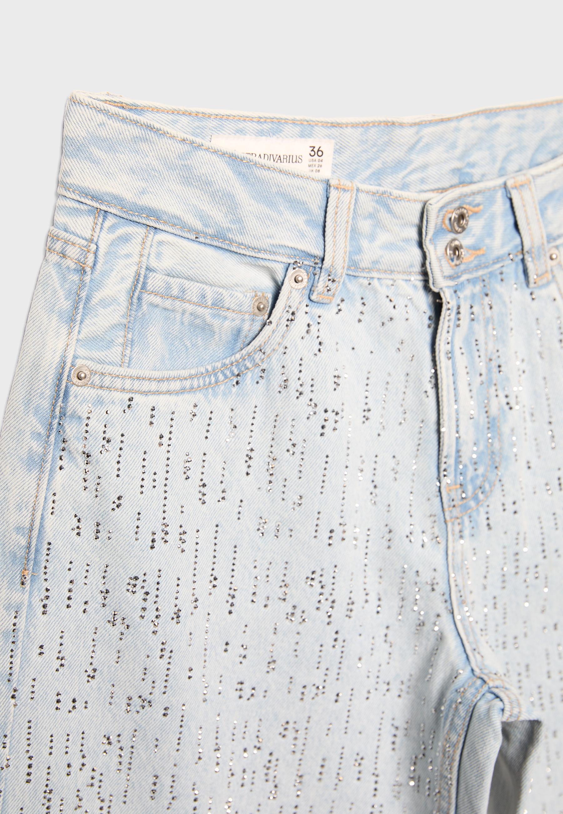 Low-waist wide-leg jeans with rhinestones — MEDIUM LIGHT BLUE DENIM