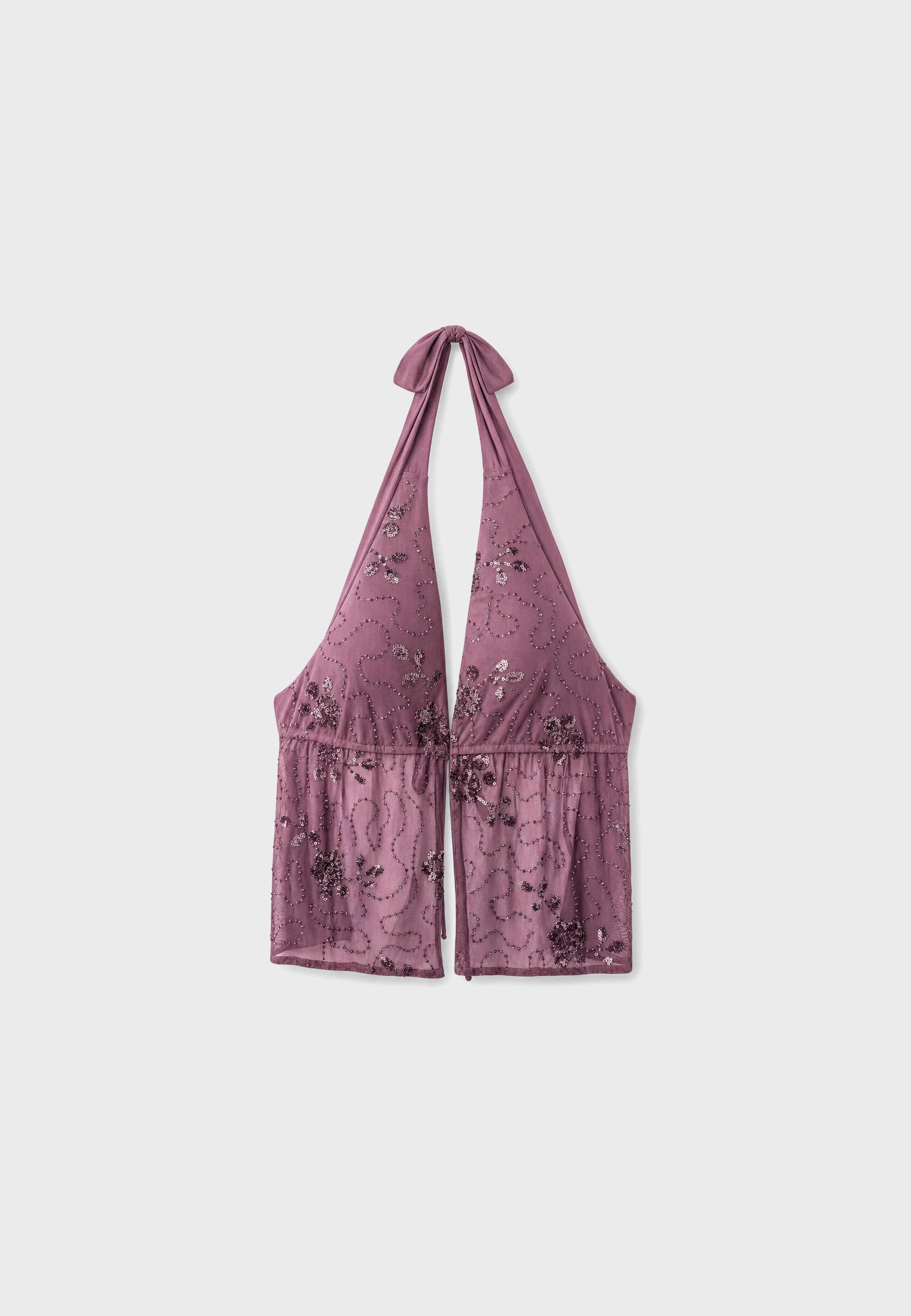 Embroidered halter top with rhinestones — Purple