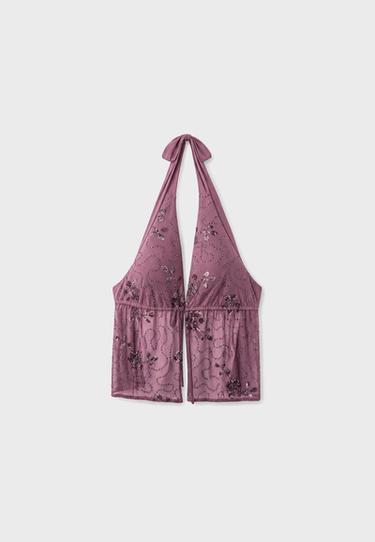 Rhinestone embroidered halter top — Purple 7