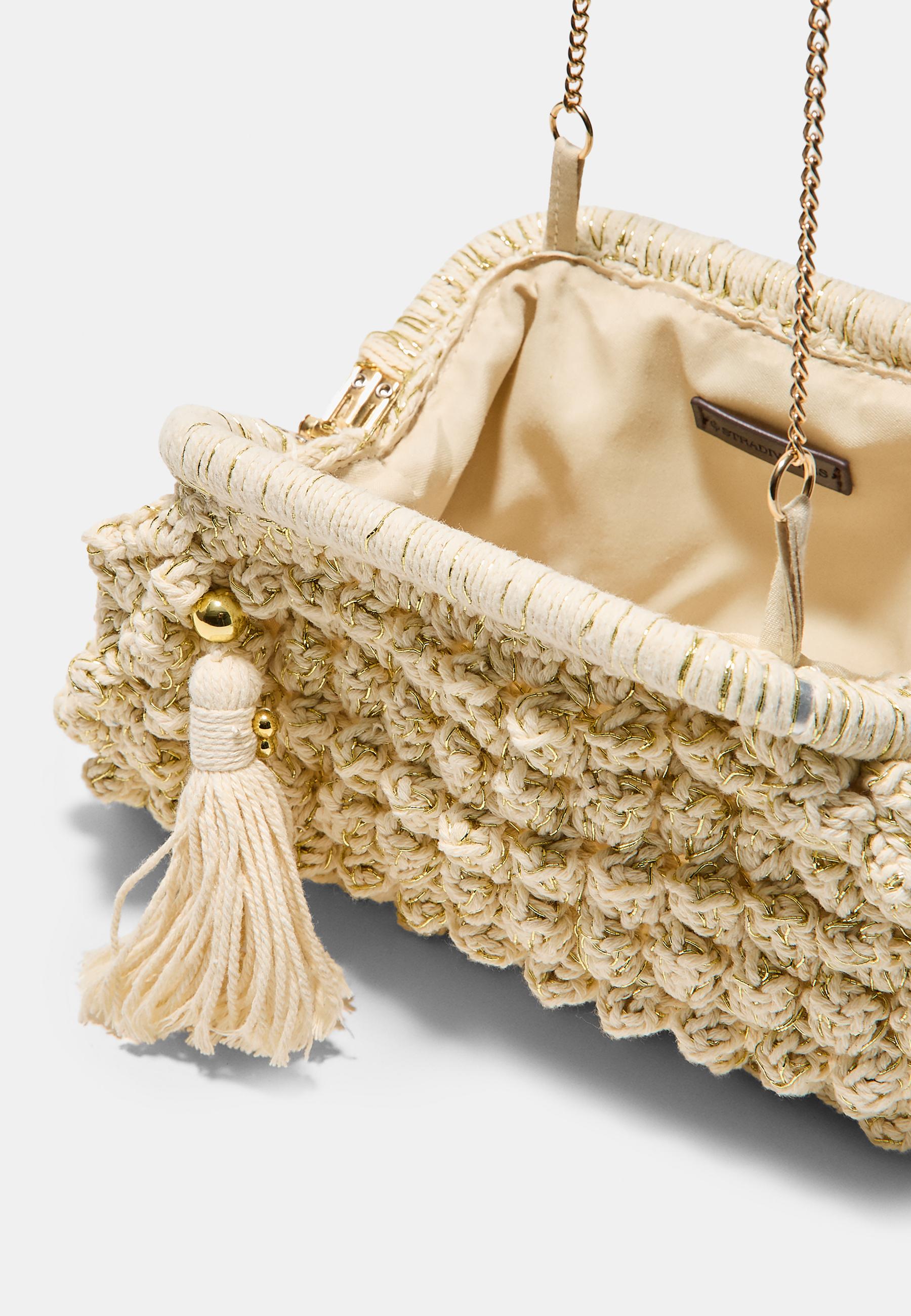 Metallic thread crochet bucket bag — Ecru