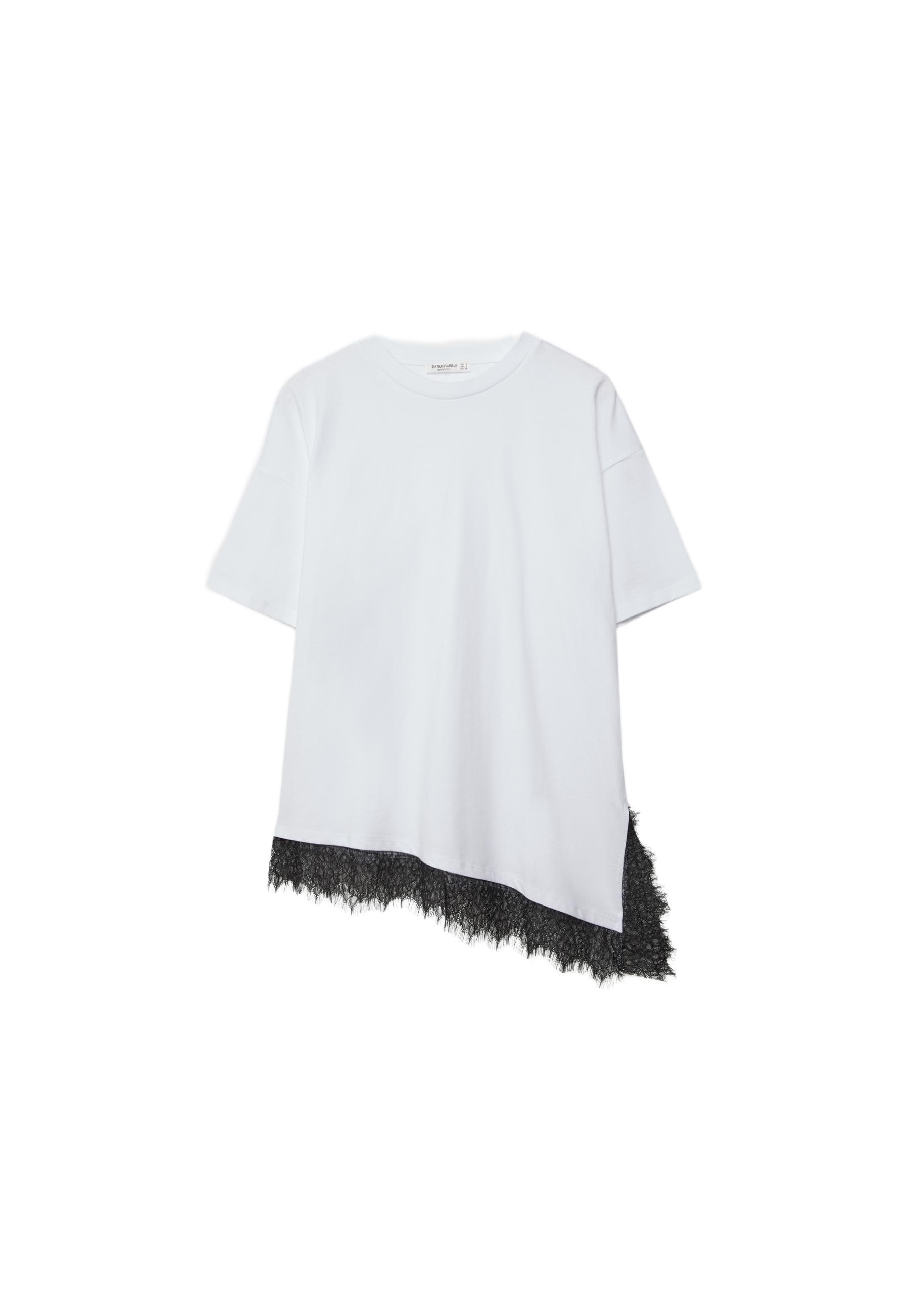 Short sleeve T-shirt with lace hem — White