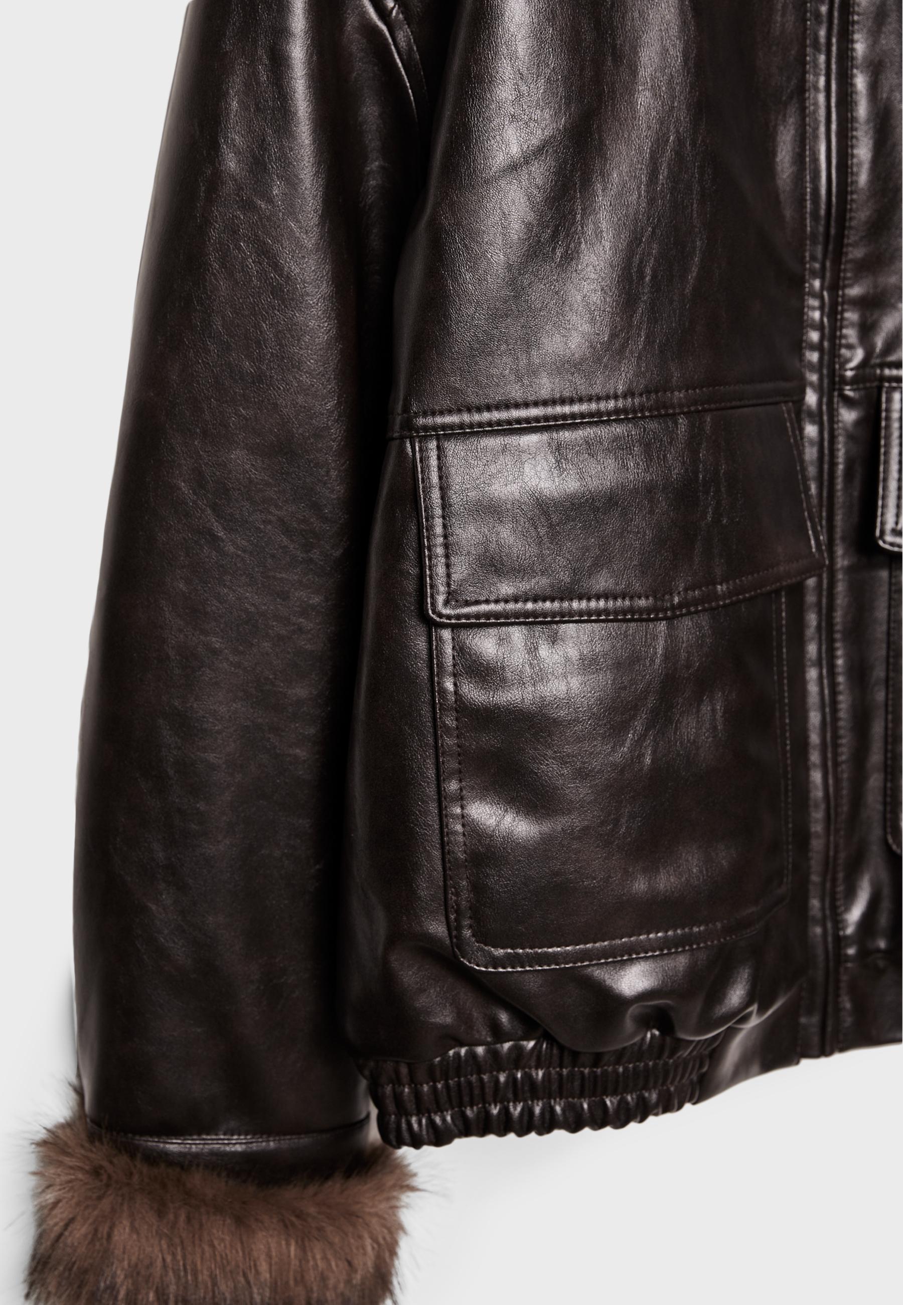 Leather effect padded jacket with faux fur details - Women's