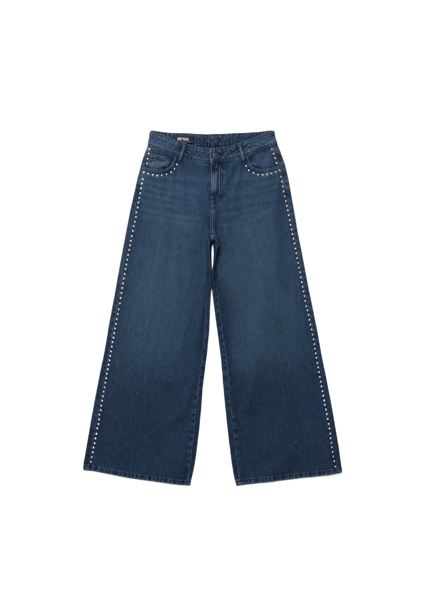 Wide-leg jeans with heart studs — BLACK DENIM WASHED EFFECT