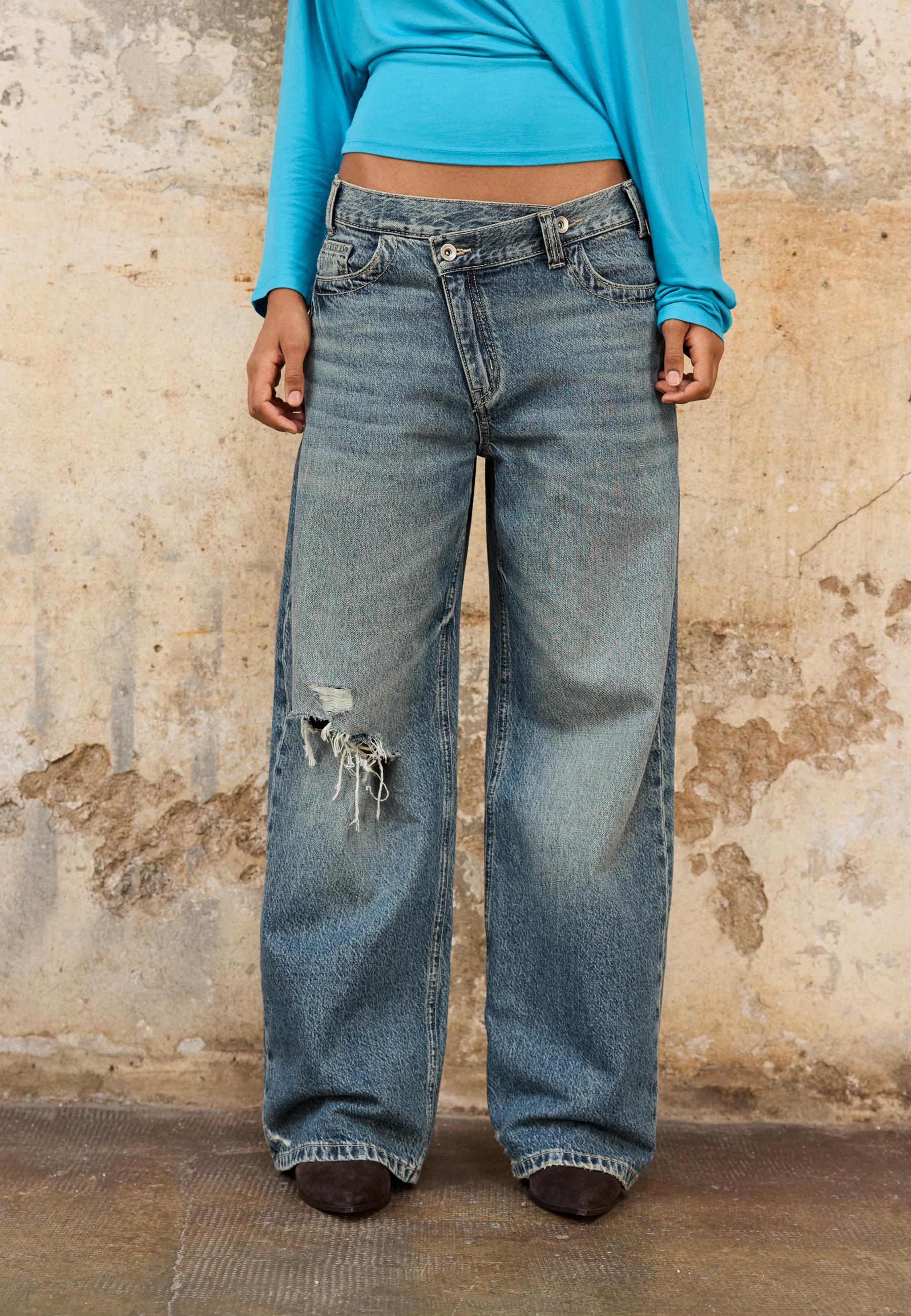 Cross-over waist wide-leg jeans — MEDIUM BLUE DENIM
