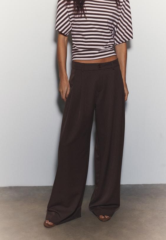 Stradivarius Wide-Leg Tailored Trousers With Darts Brown 8