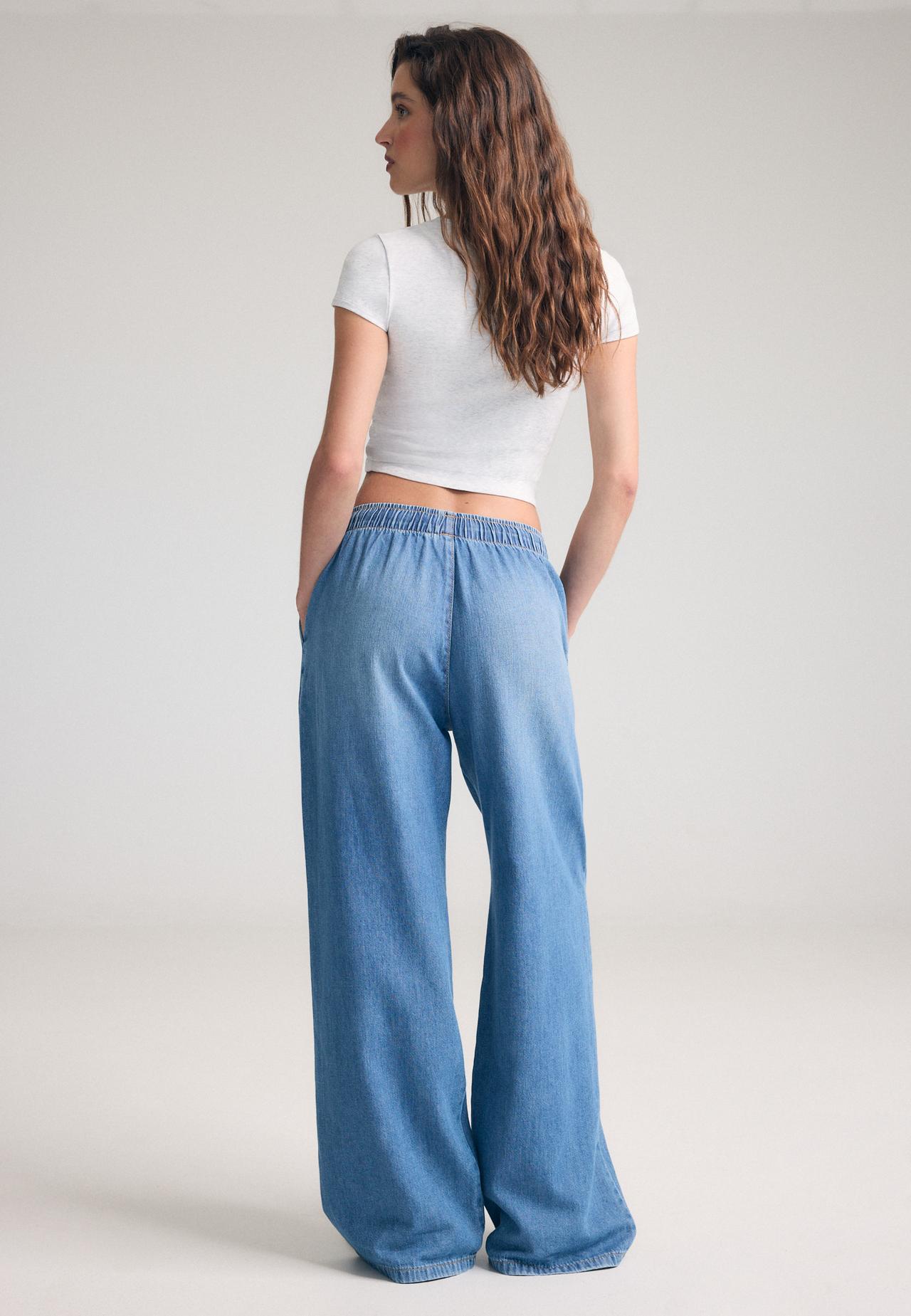 Drawstring flowing denim trousers — MEDIUM BLUE DENIM