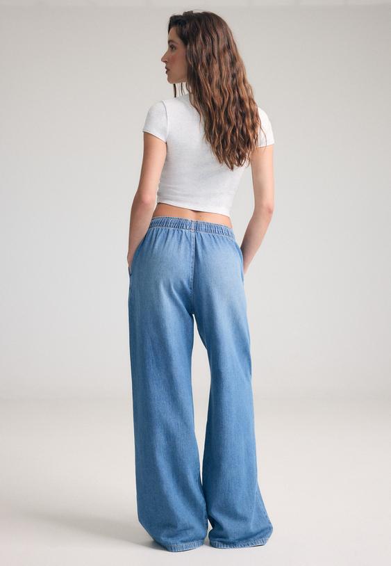 bagcıklı dokumlu denim pantolon