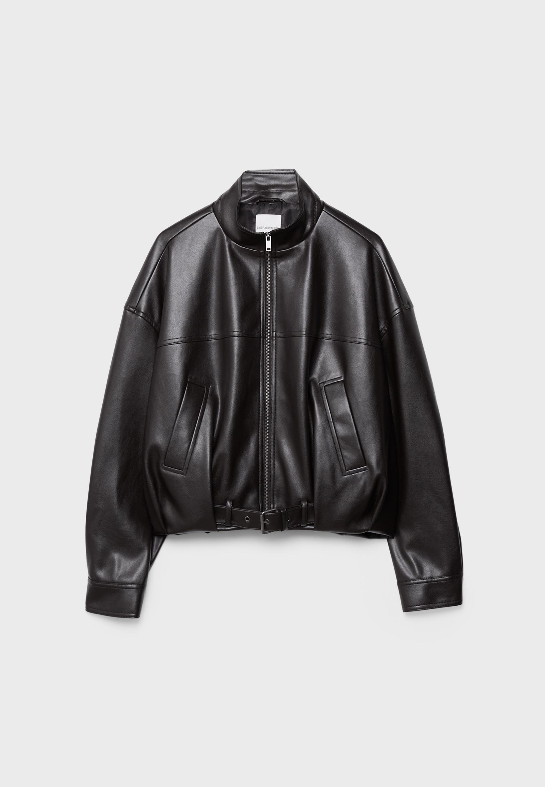 Leather effect belted bomber jacket — Brown