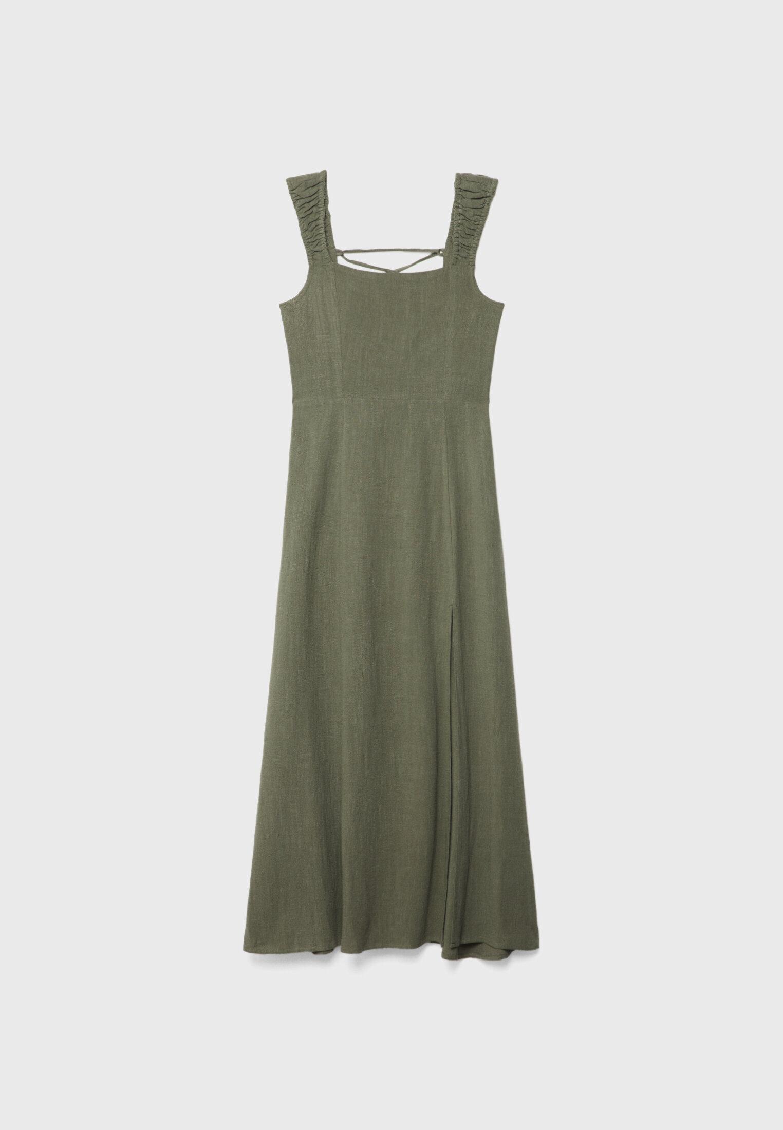 Linen-look cross-back midi dress — Khaki