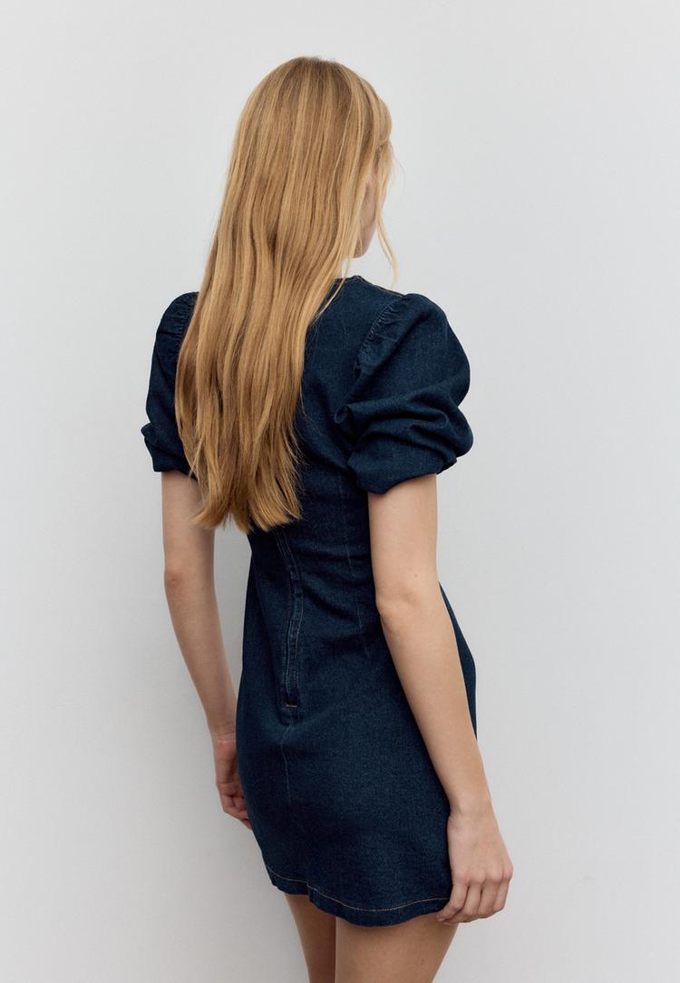 vestito corto denim maniche a sbuffo