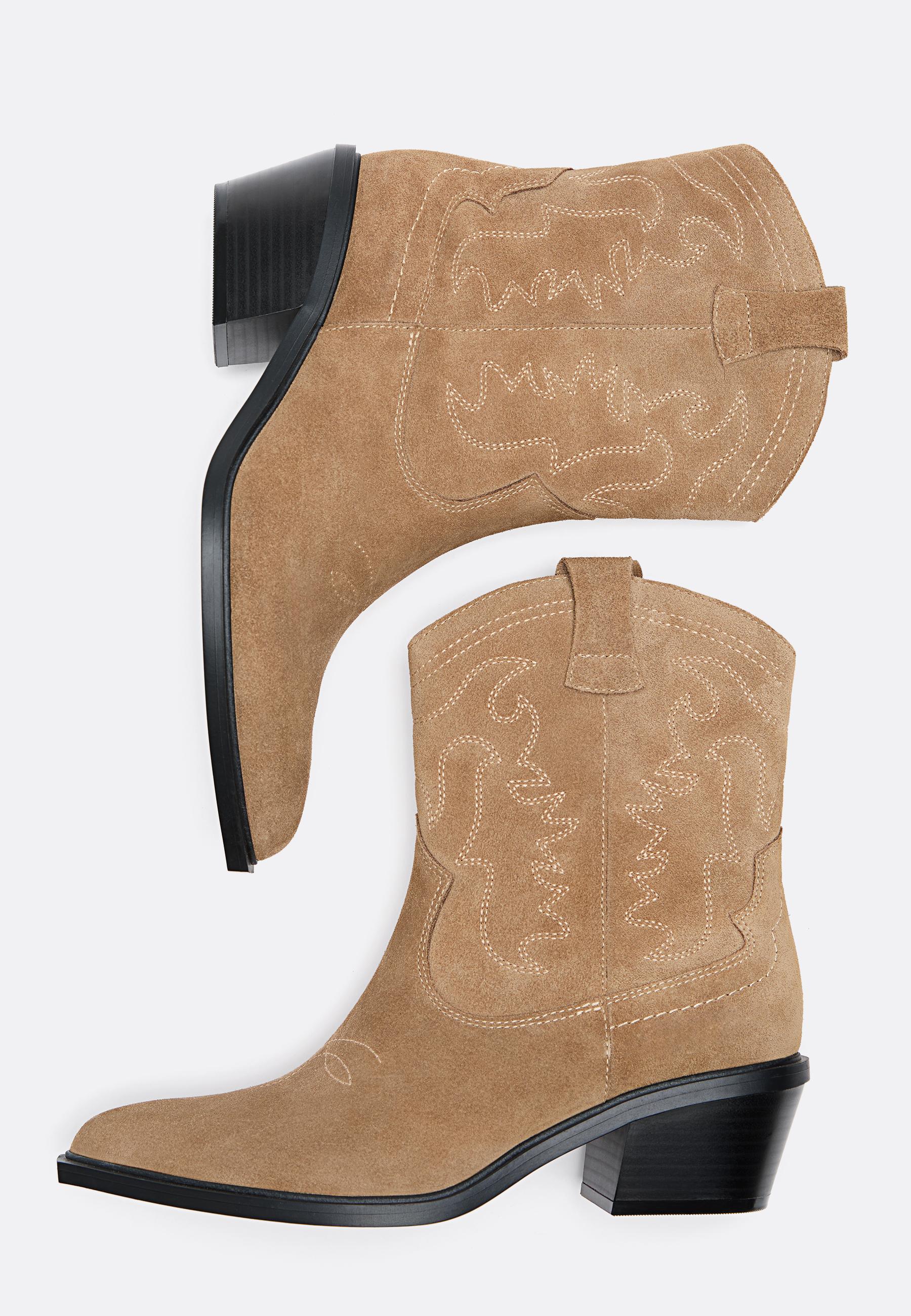 Split leather cowboy ankle boots — BEIGE