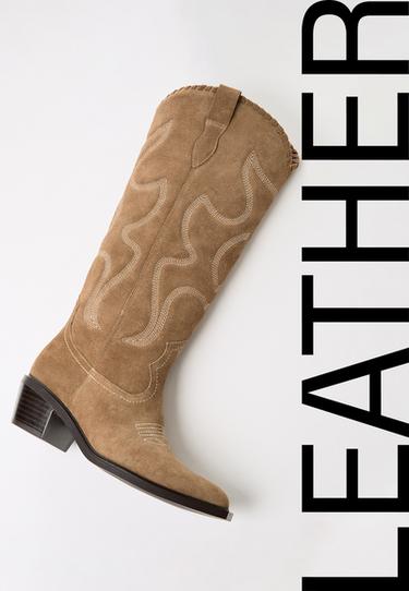 Leather cowboy heeled boots — BEIGE 2