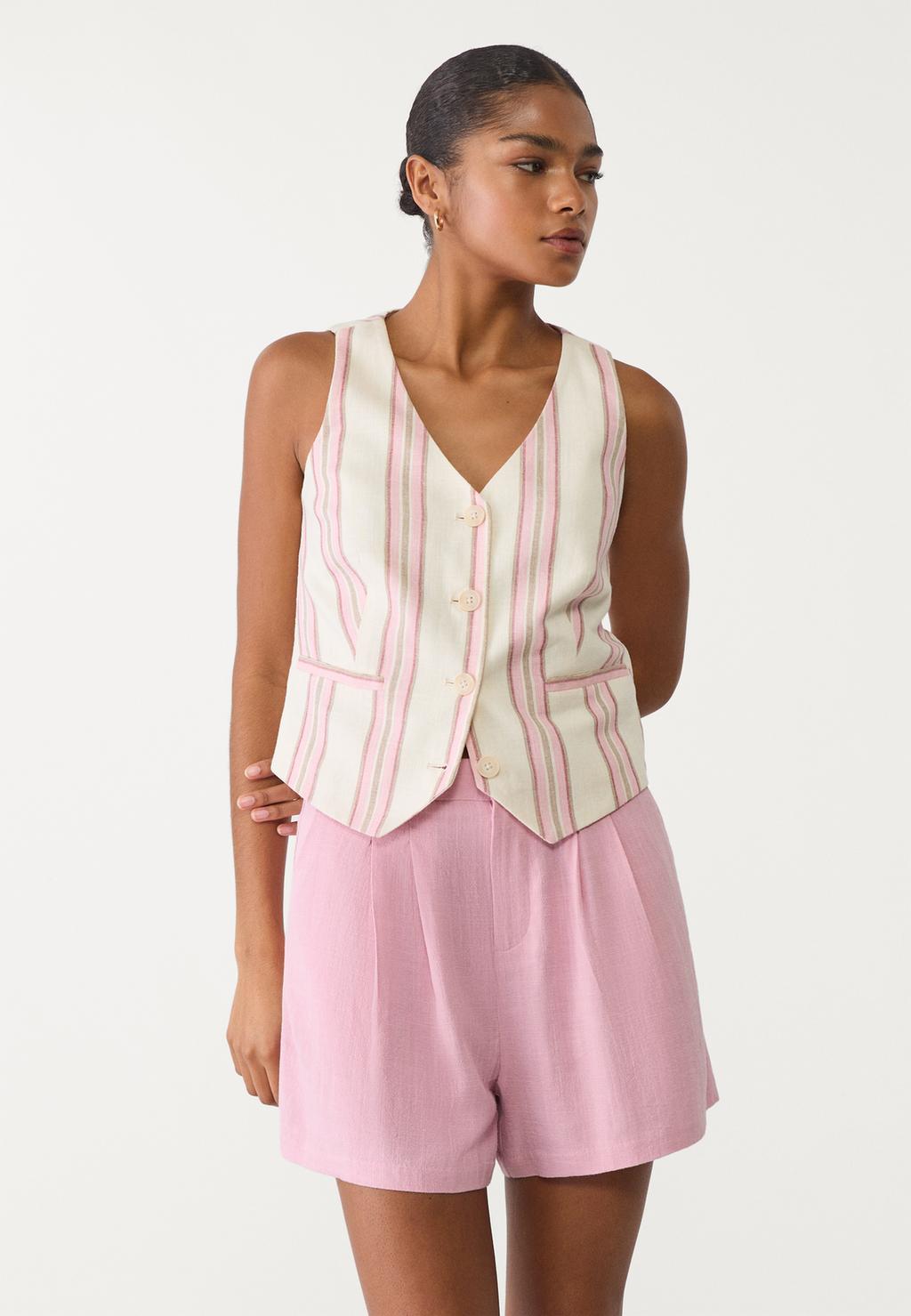 Striped linen blend buttoned waistcoat