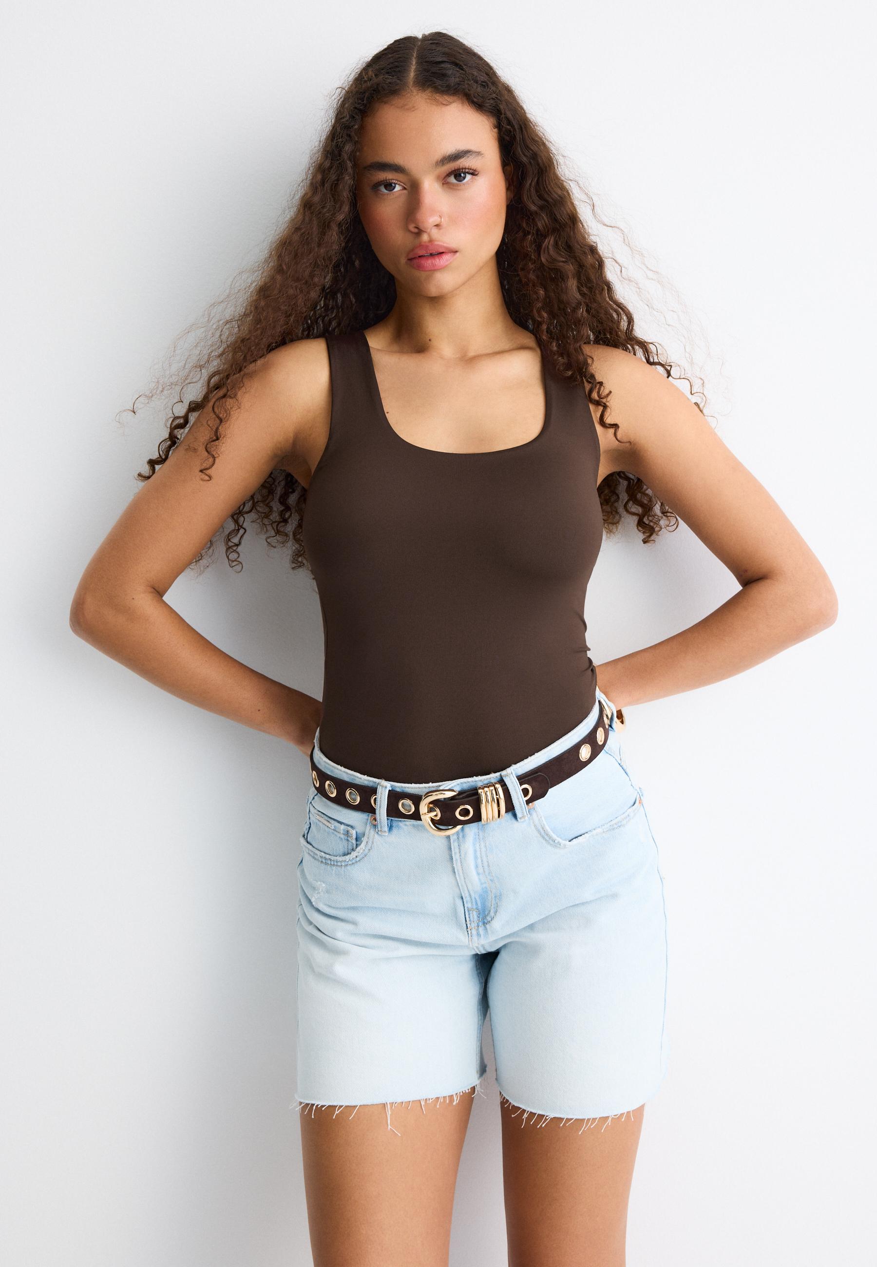 Polyamide wide strap top — Brown