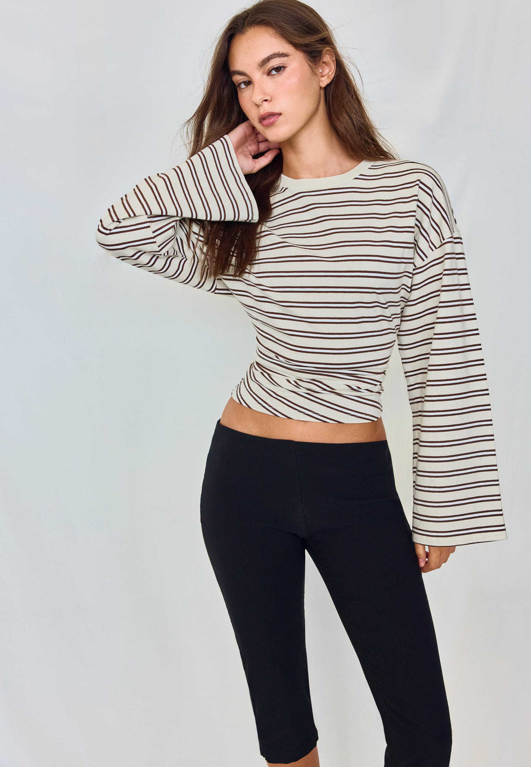 B11 Striped Japanese long sleeve T-shirt with a fitted waist — Vanilla