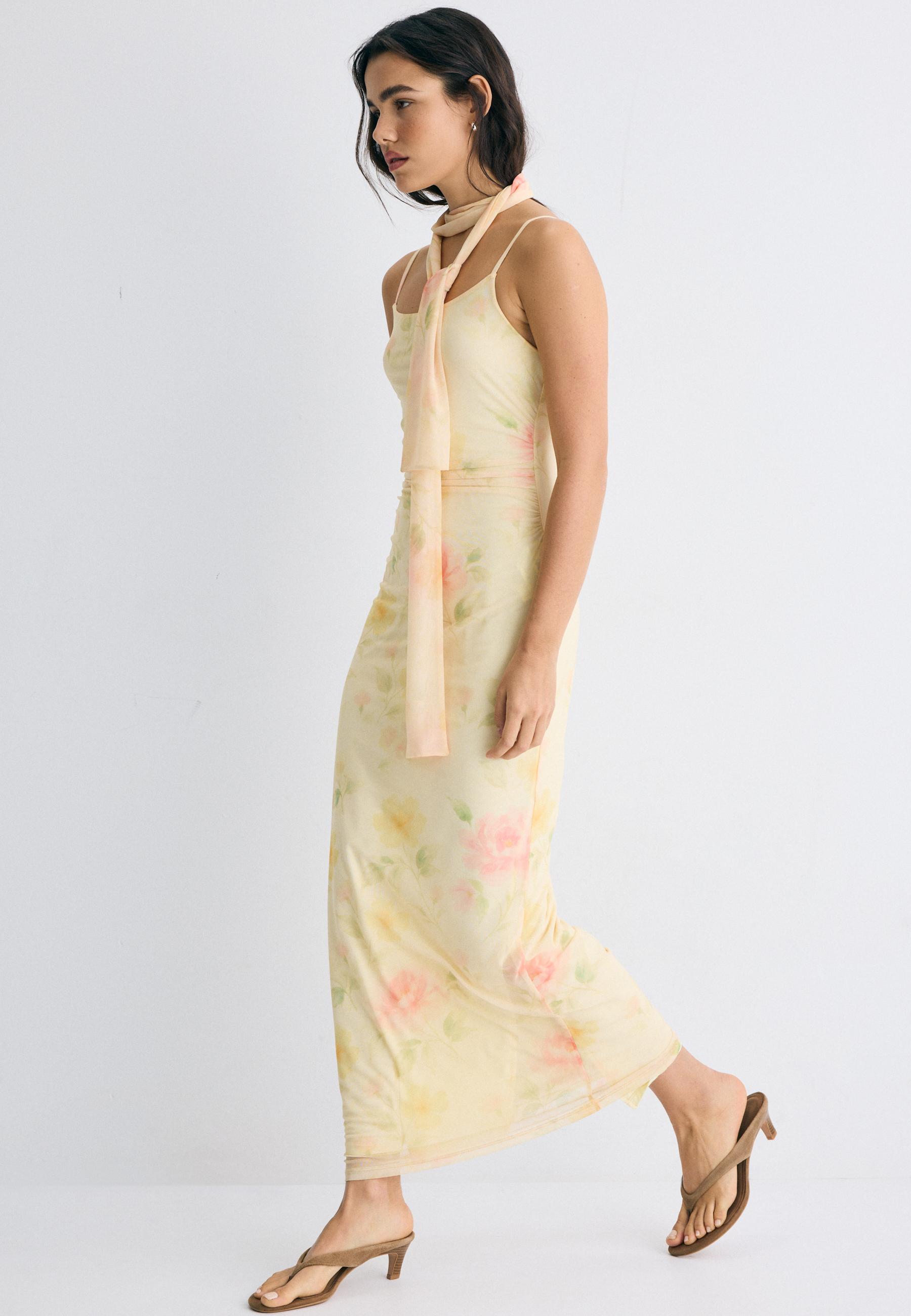 Printed tulle midi dress with scarf — Gold
