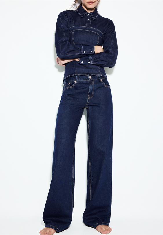 Stradivarius D91 Low Wide-Leg Jeans Overdyed Blue Denim 8