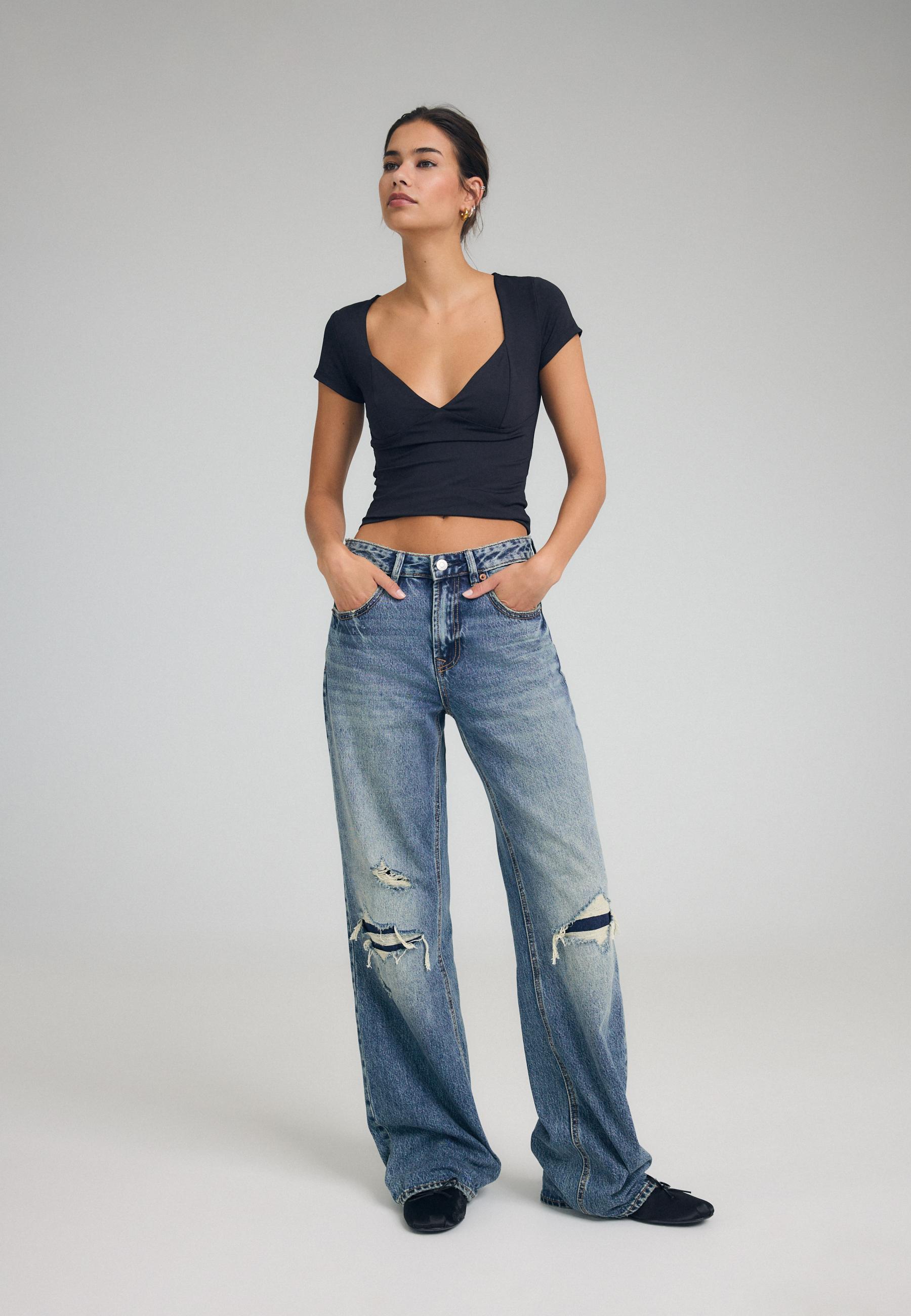 Stradivarius D92 Τζιν Παντελόνι Straight Wide Πολύ Σκούρο Μπλε/Αποκολλαρισμένο 42