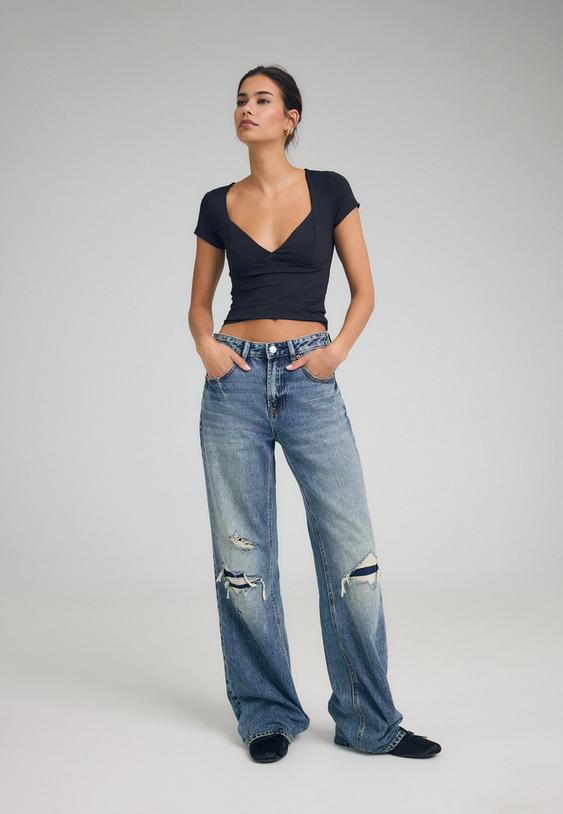 Stradivarius D92 Recht Model Jeans Met Wijde Pijpen Overgeverfde Denim Wassing 36